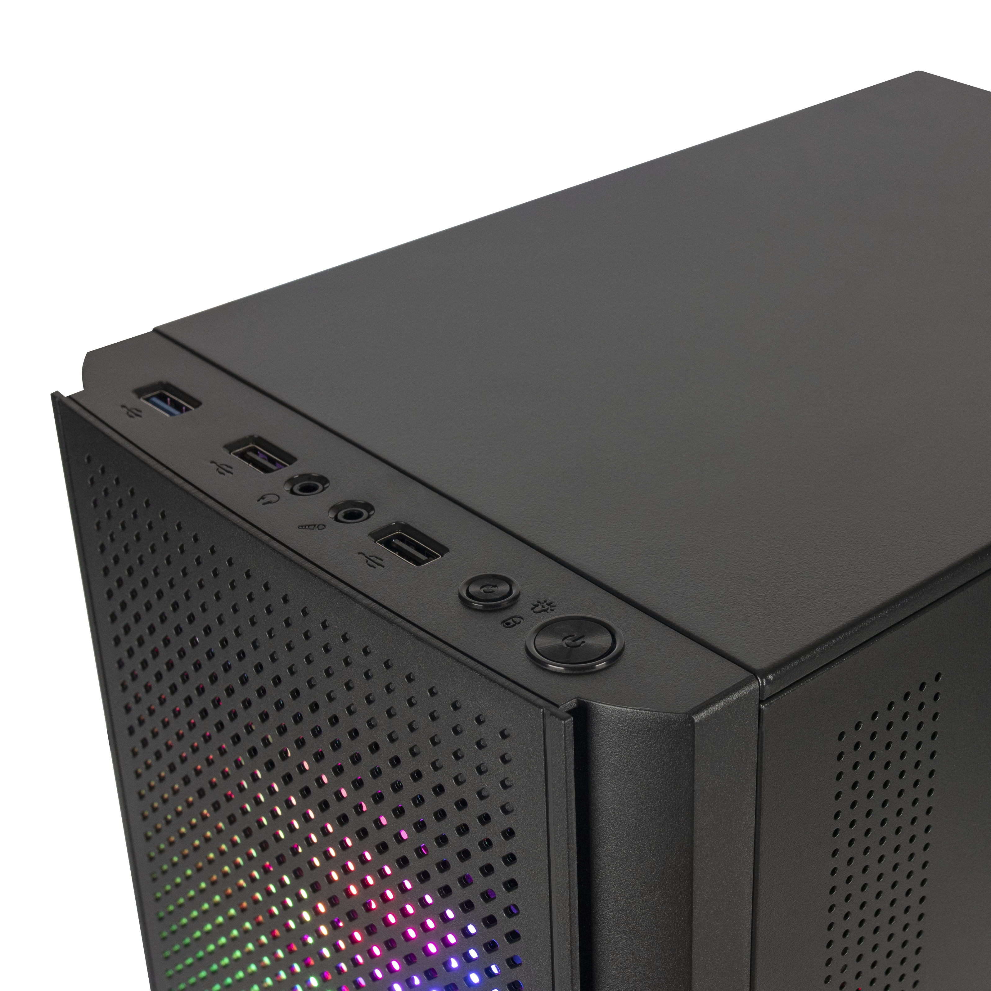 Parte superiore del case del computer nero, con porte USB e pulsante di accensione. Luci RGB visibili.