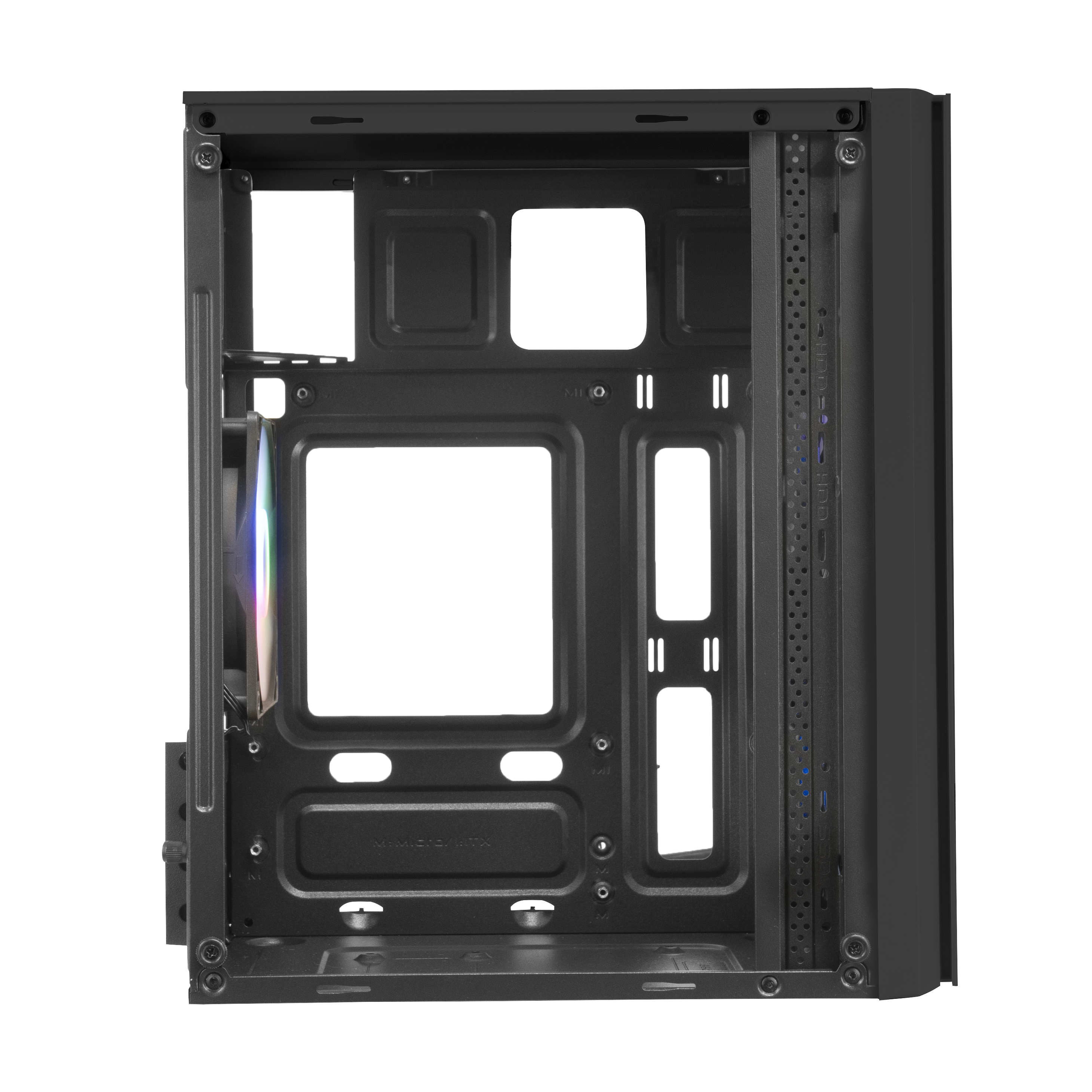 Interno di case per PC nero che mostra spazio vuoto e slot, vista interna.