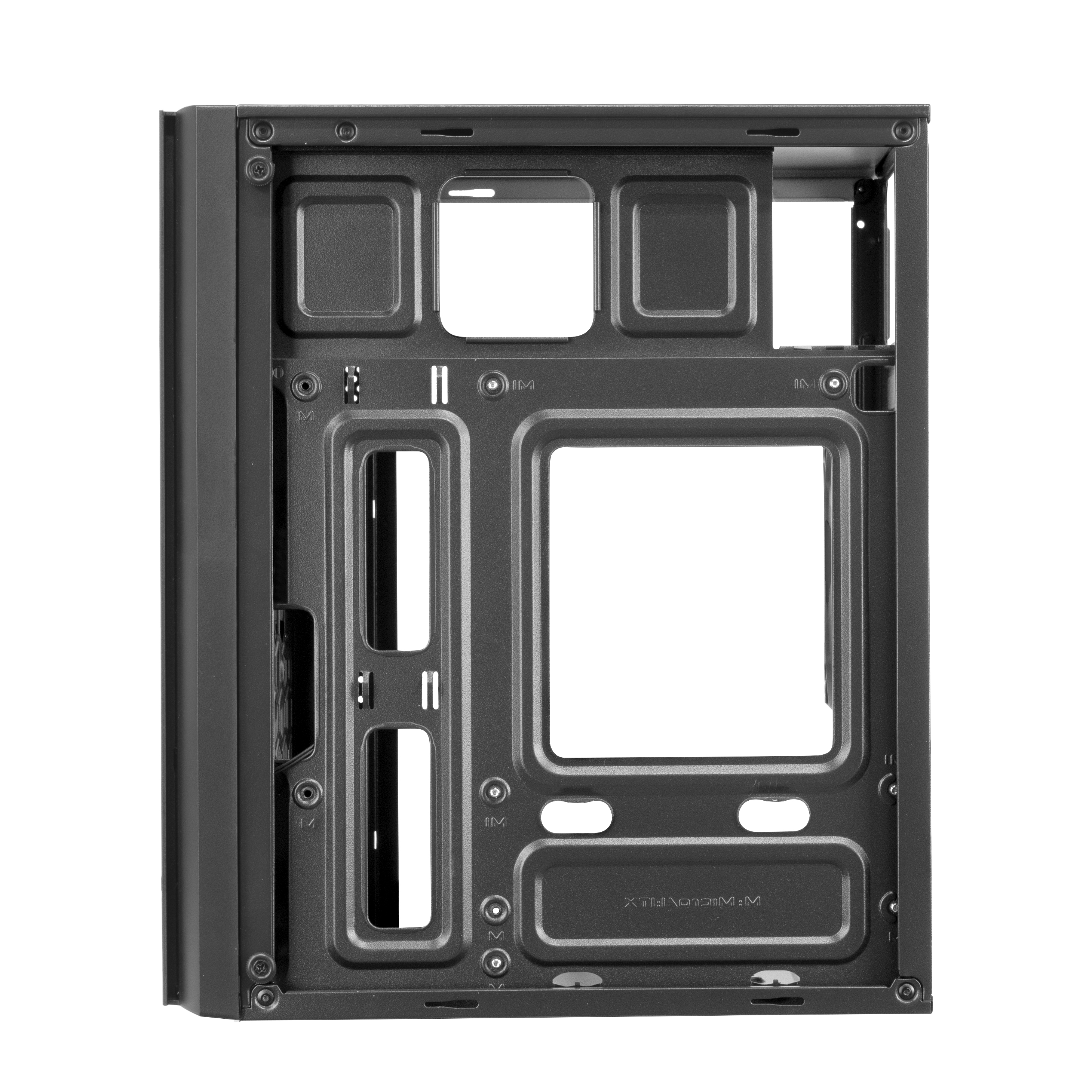 Telaio nero per case di computer, vuoto all'interno con fori di montaggio.