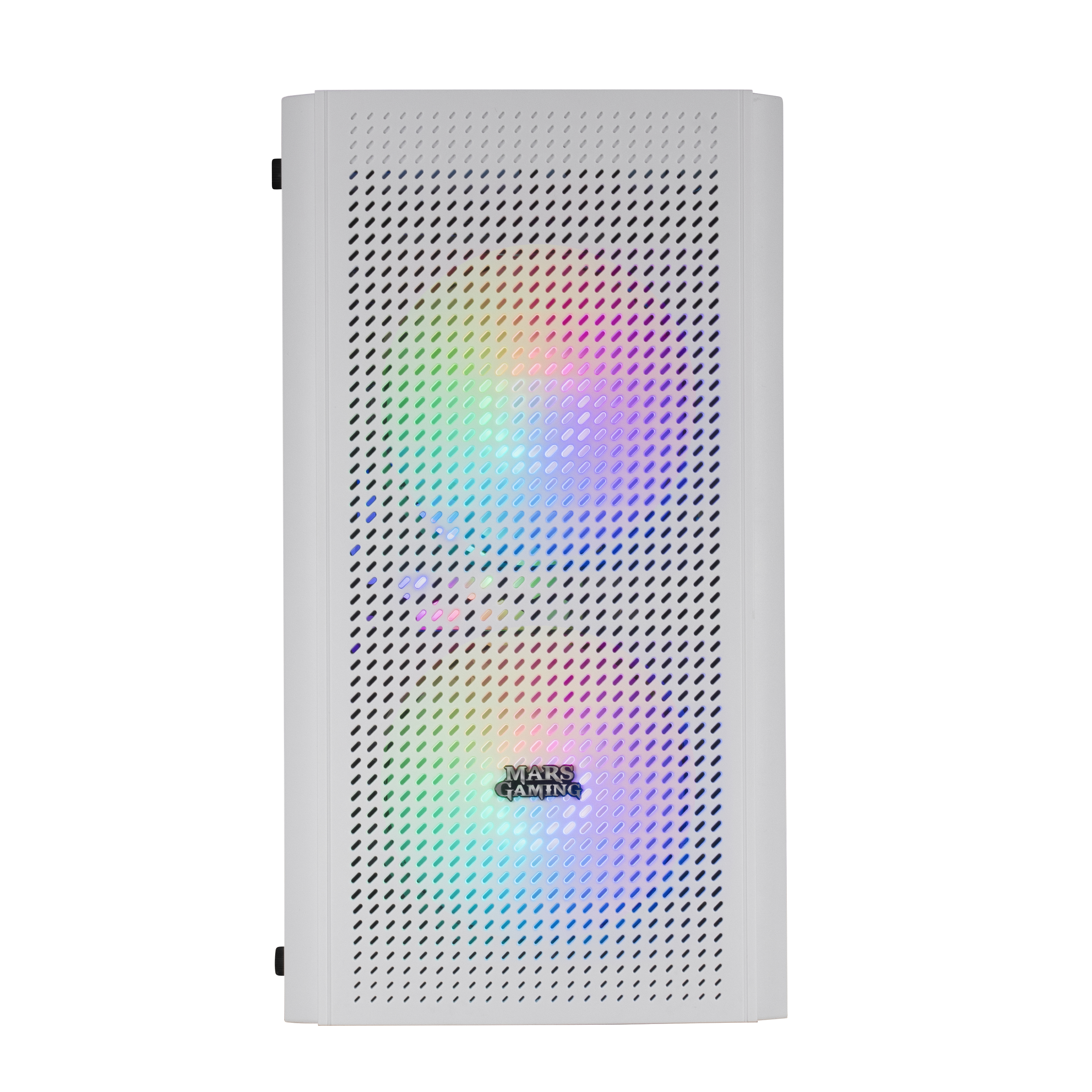 Biały przód obudowy komputera z podświetleniem RGB i logo Mars Gaming.