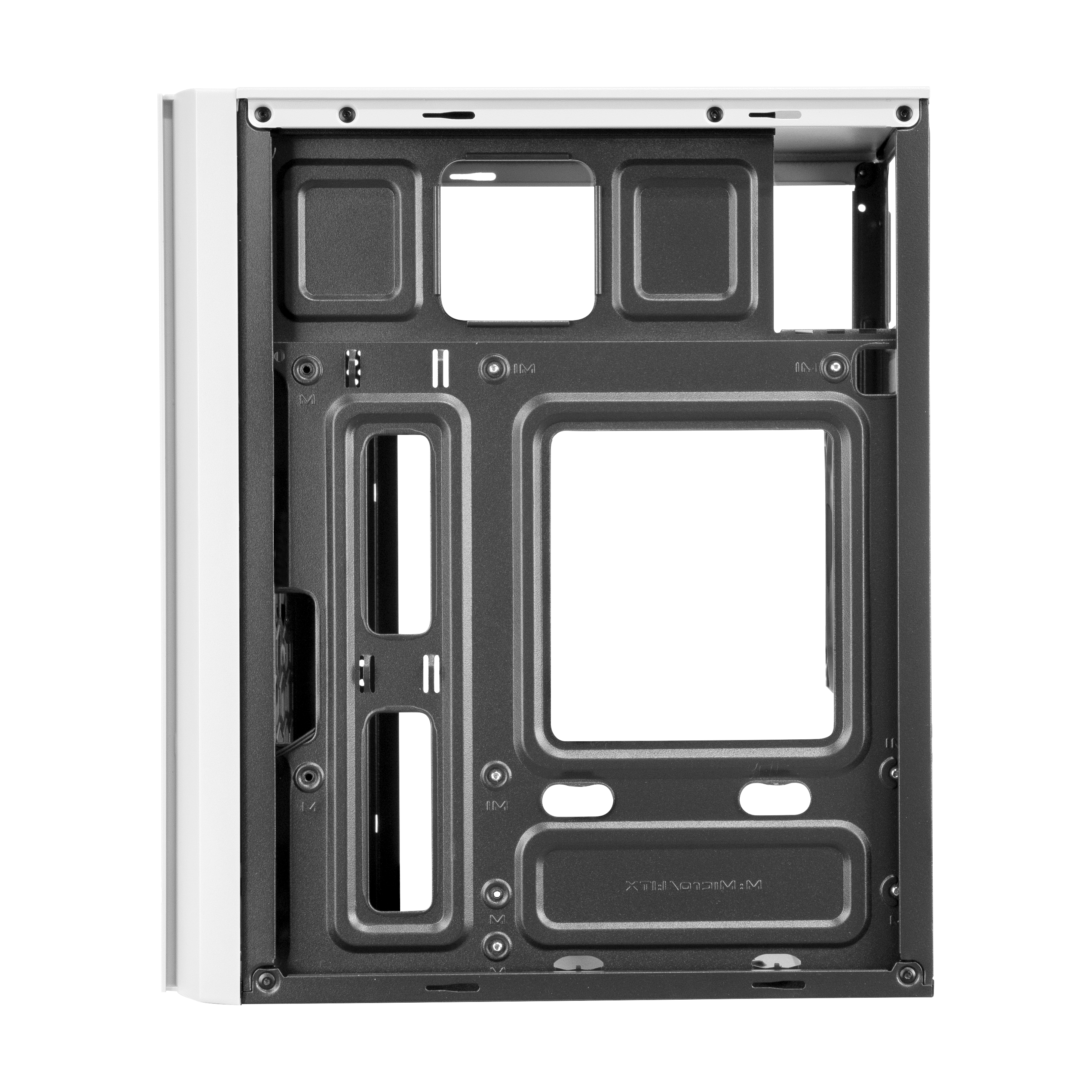 Wnętrze białej i czarnej obudowy komputera. Pokazuje wewnętrzną strukturę z otworami i obszarami montażu.