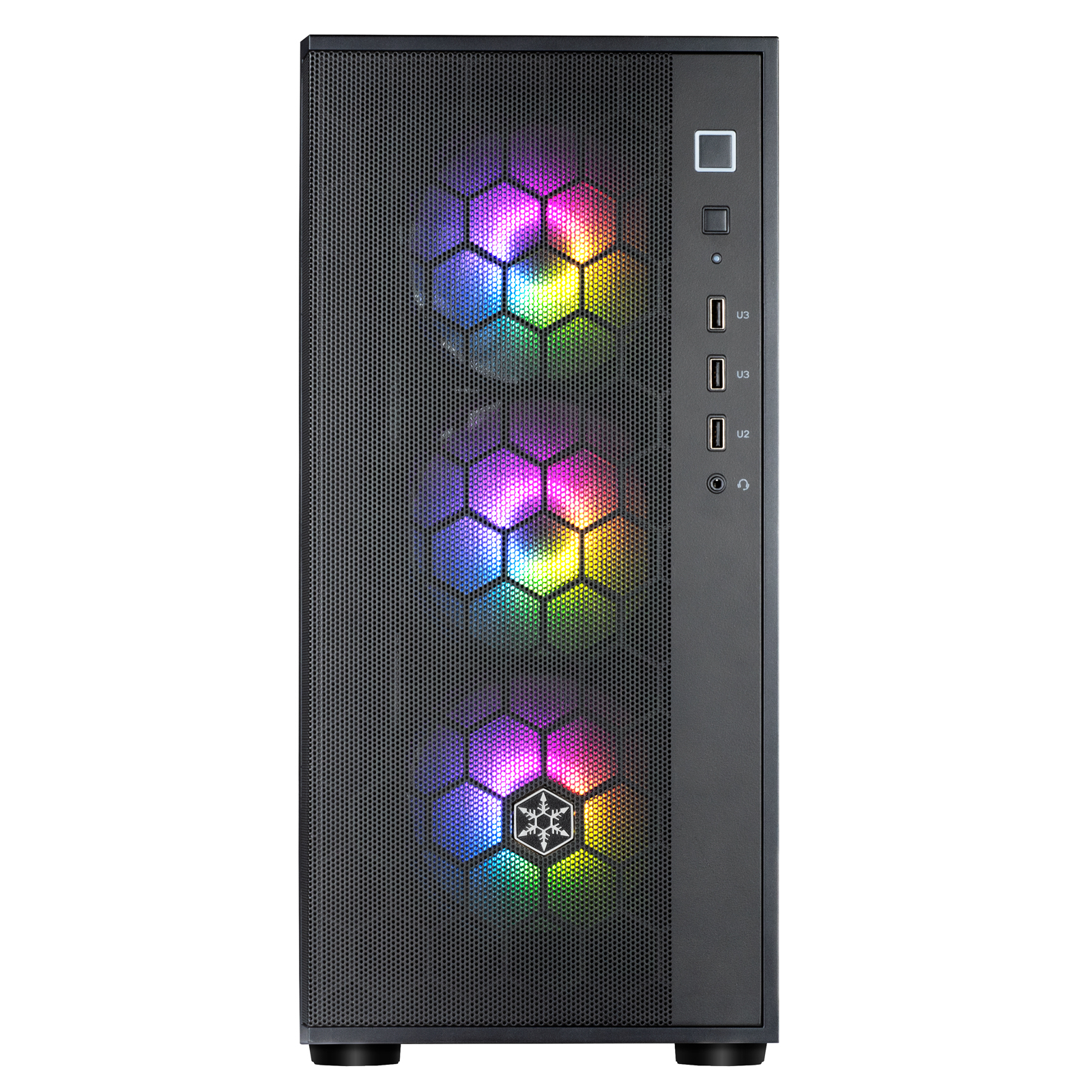 Parte frontale del case del computer. Mostra ventole RGB, un pulsante di accensione e più porte.