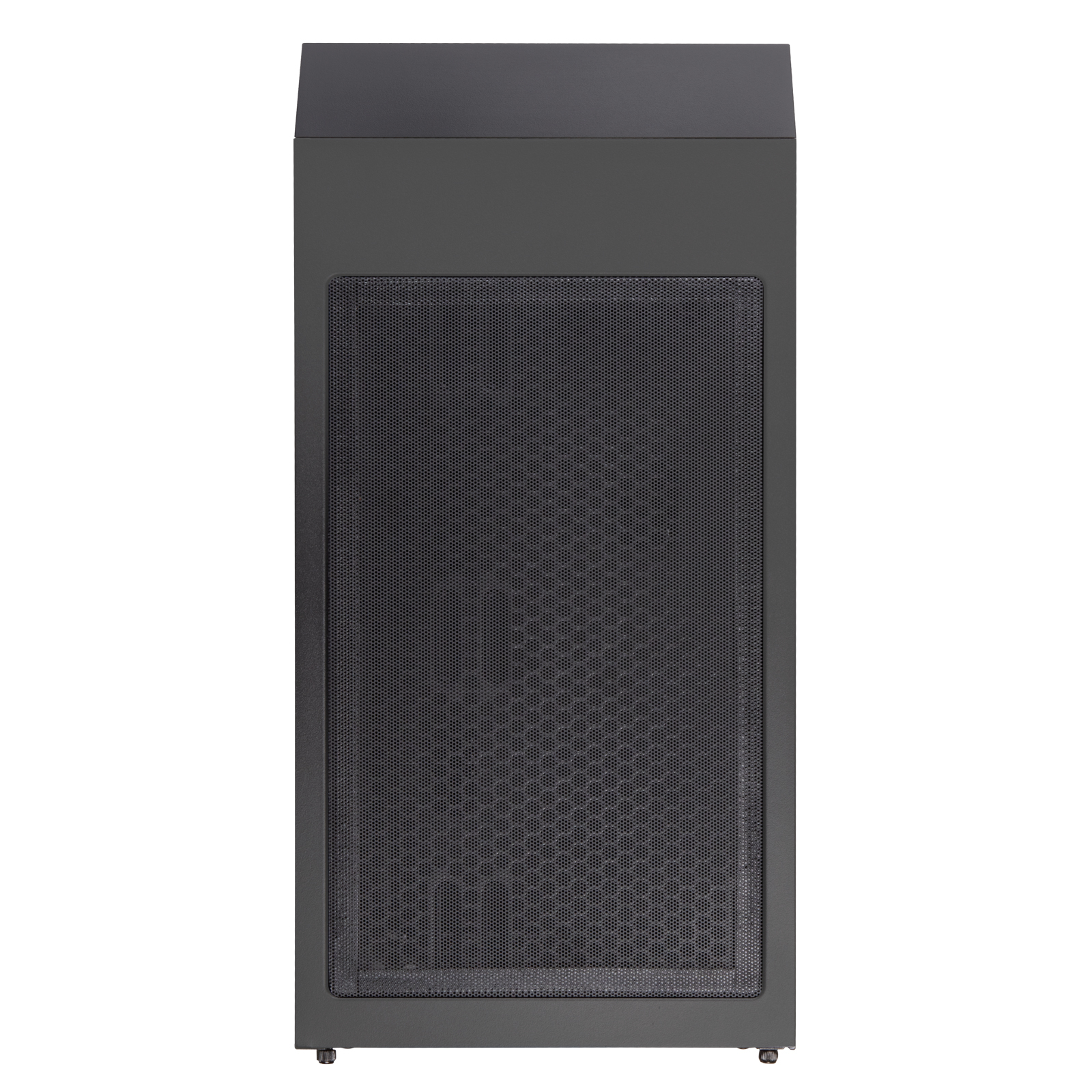 Case per computer nero con frontale a rete. Il case ha un design elegante e moderno.