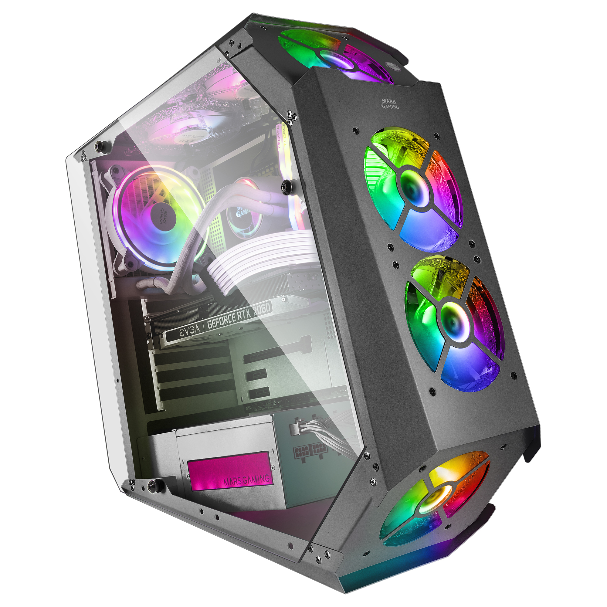 Vista angolata di un case per computer grigio scuro con pannello in vetro, che mostra componenti interni e ventole multicolore.