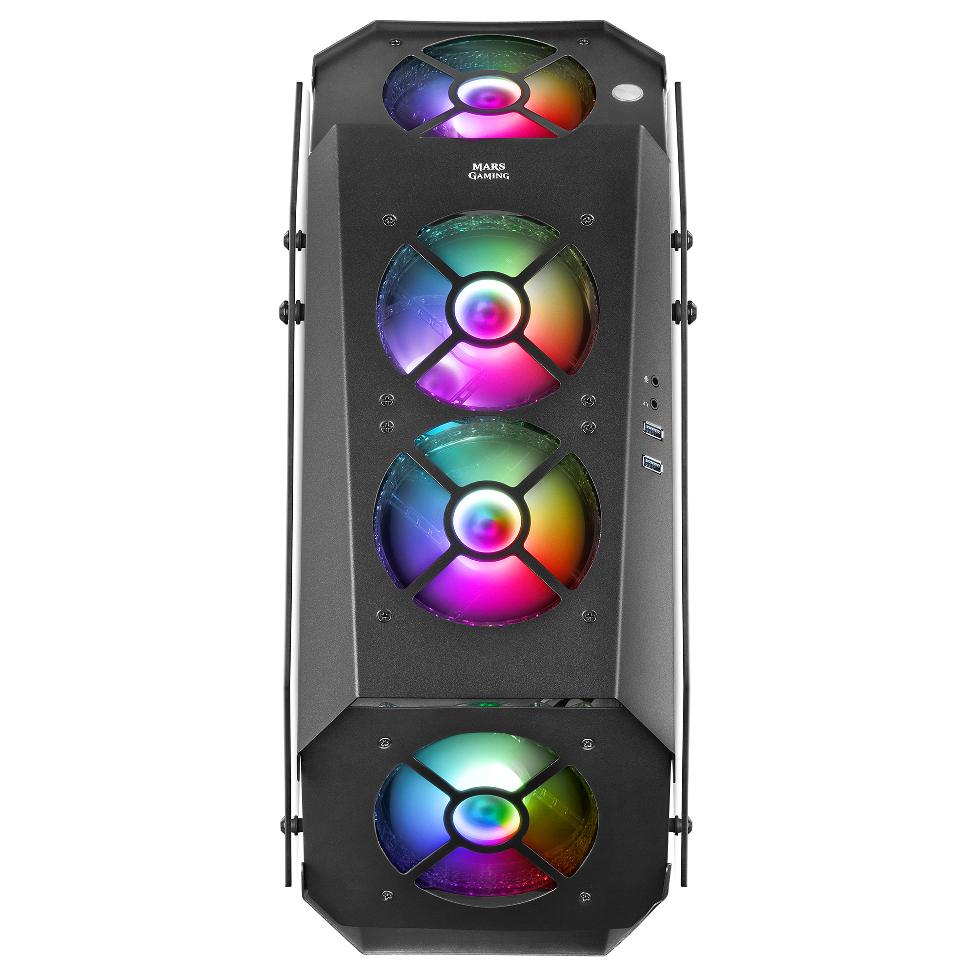 Vista di un case per computer con tre ventole RGB colorate e il logo Mars Gaming.