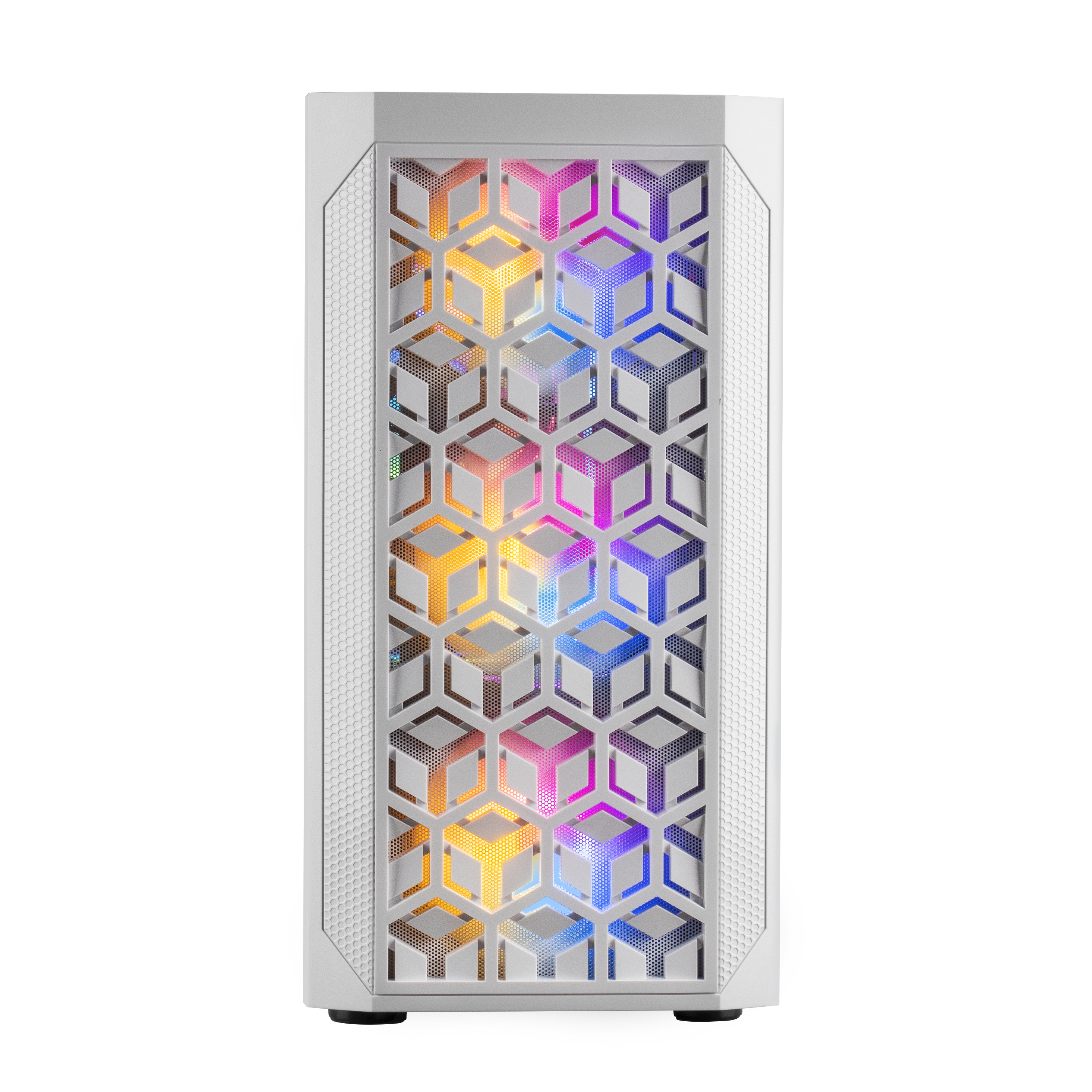 Parte frontale di un case per computer bianco con pannello frontale a nido d'ape con luci colorate.