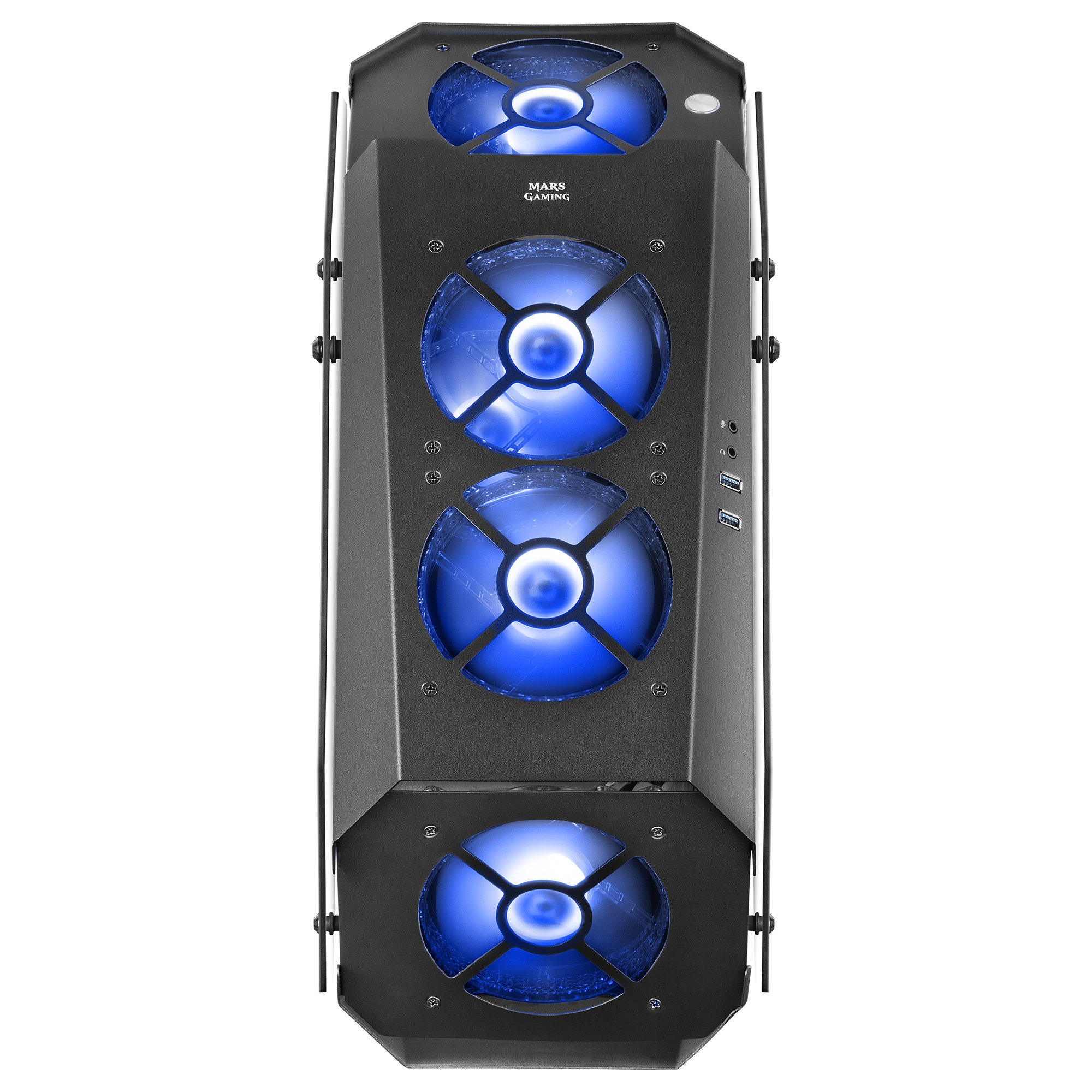 Vista dall'alto di un case per computer nero con ventole a LED blu. C'è il logo MARS GAMING.