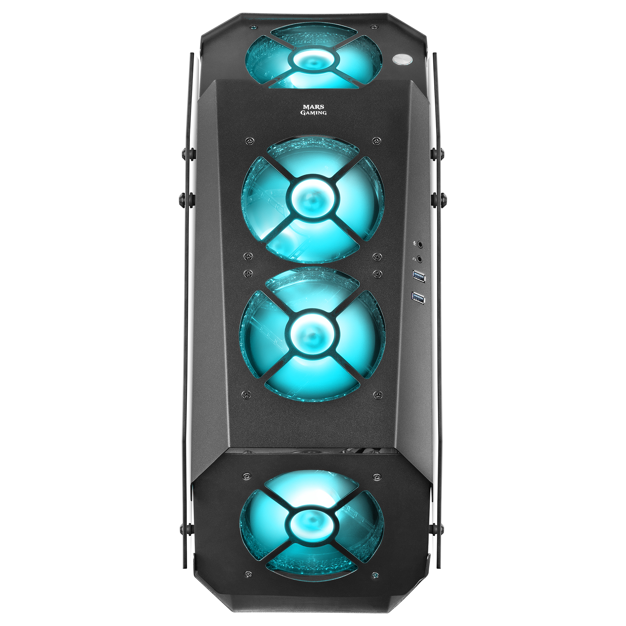 Vista dall'alto di un case PC nero con ventole, illuminazione a LED blu e logo MARS GAMING. Angolo dall'alto.