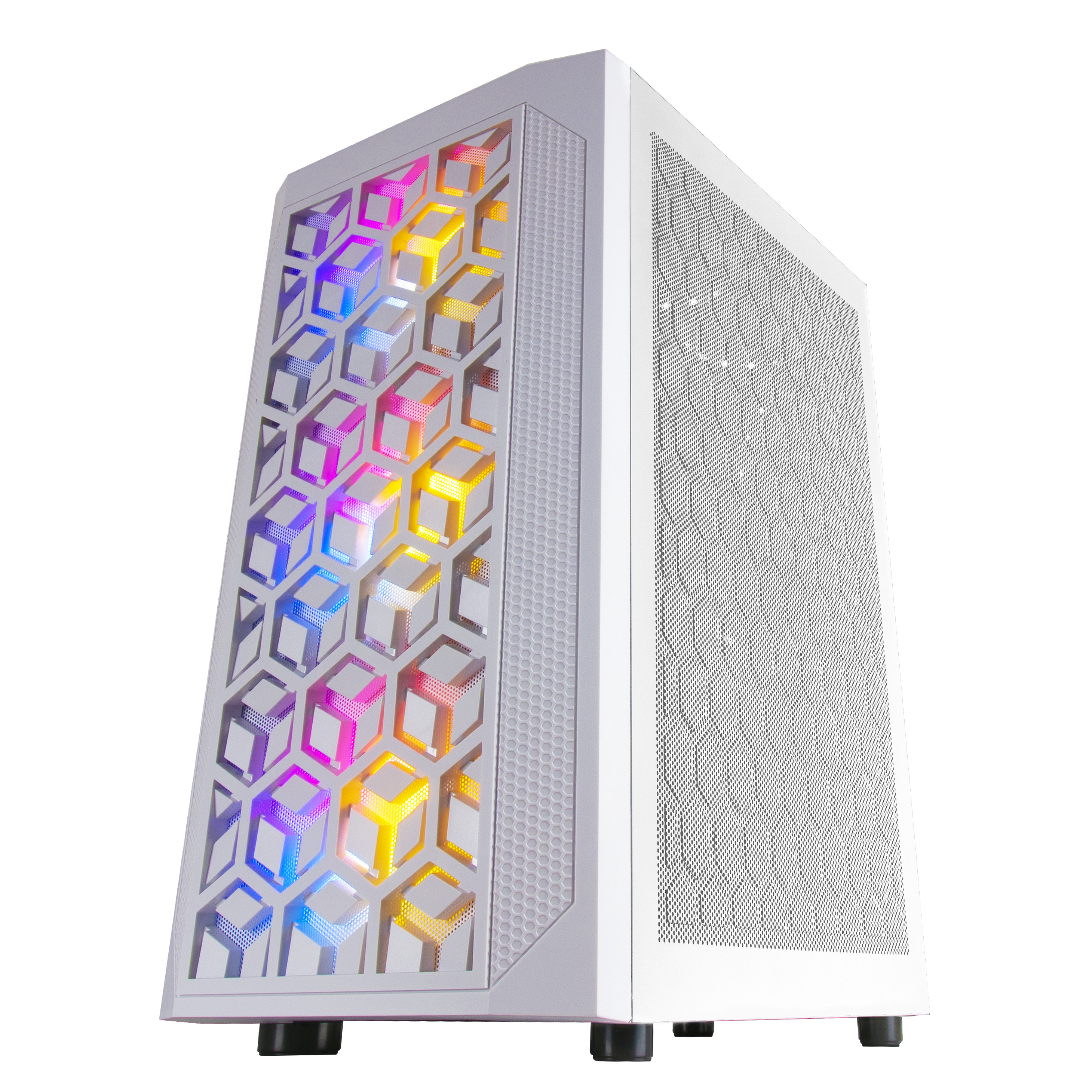 Case per computer bianco con un colorato design del pannello frontale RGB.