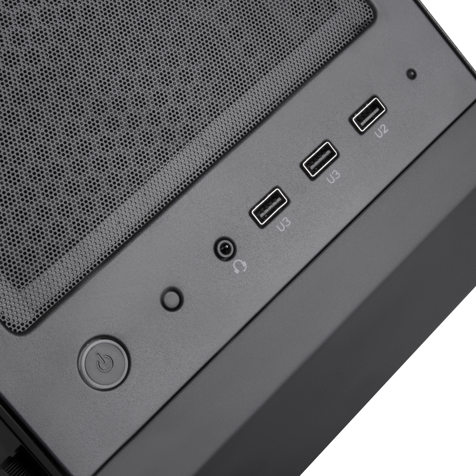 Porte del case del computer, tra cui USB, jack audio e pulsante di accensione.