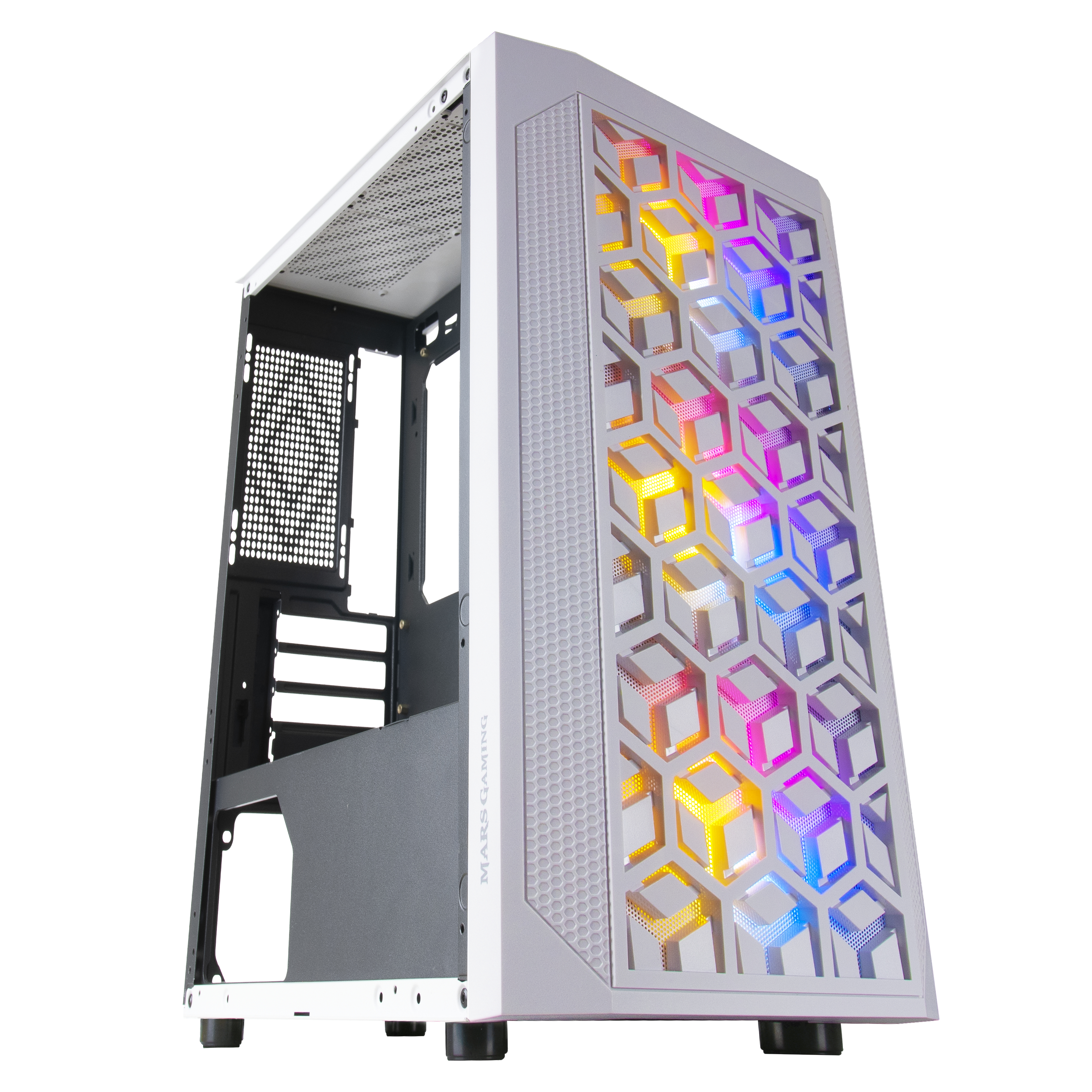 Case per computer bianco con frontale decorato. Il motivo è illuminato con più colori.