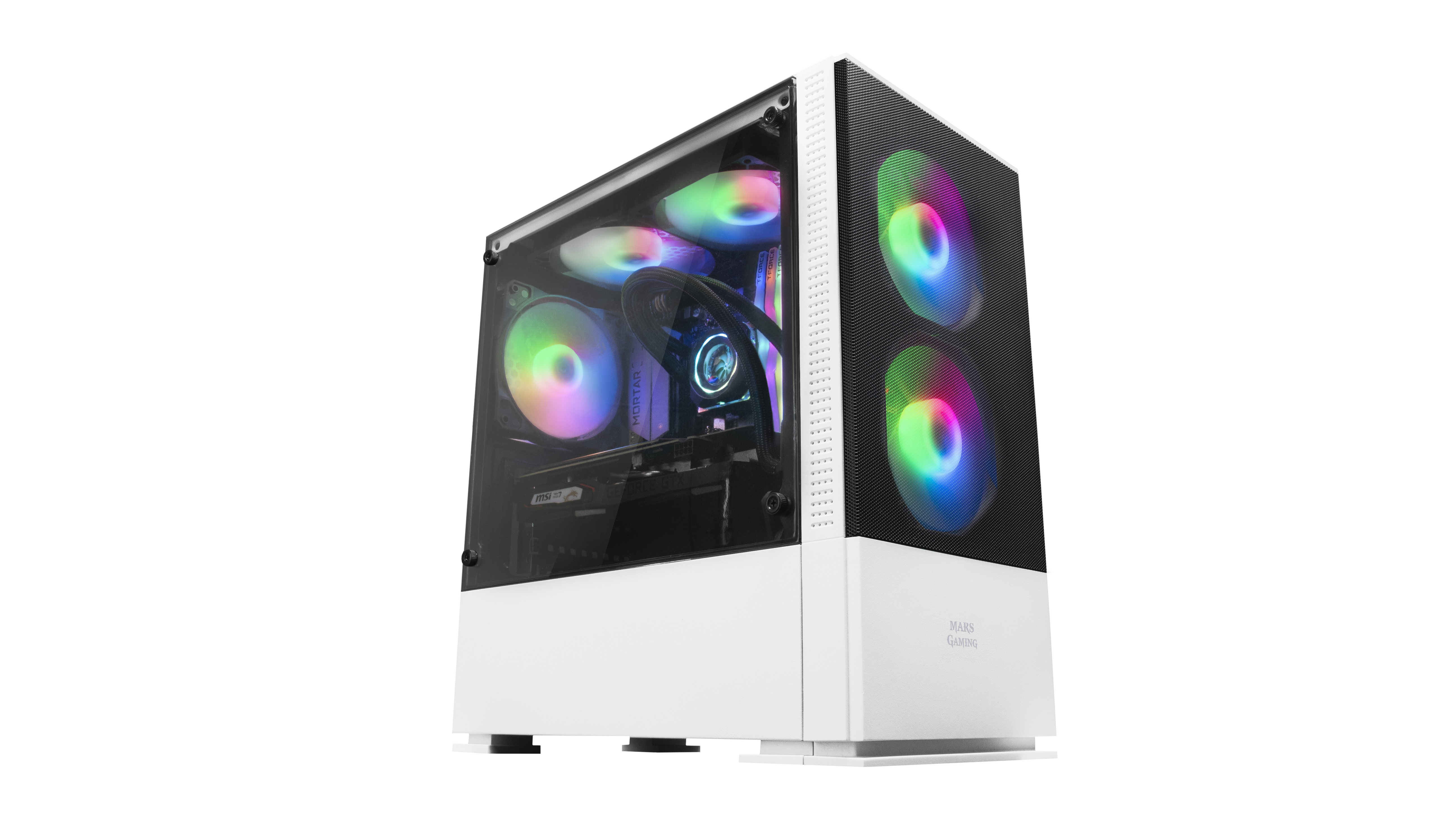 Case per computer bianco con lato in vetro, componenti interni e ventole RGB.