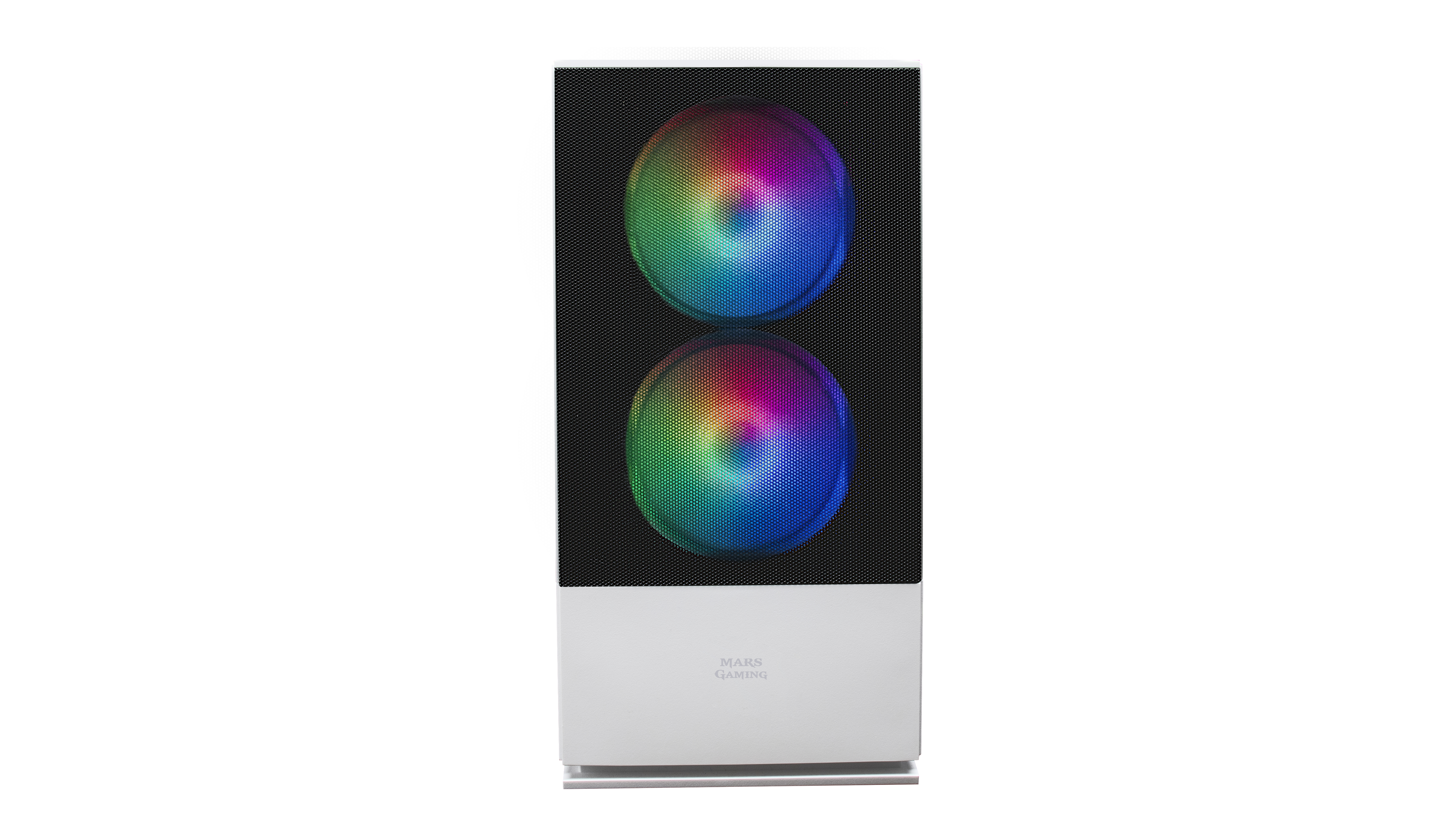 Parte anteriore di un case per computer bianco. Due ventole sono visibili con illuminazione arcobaleno.