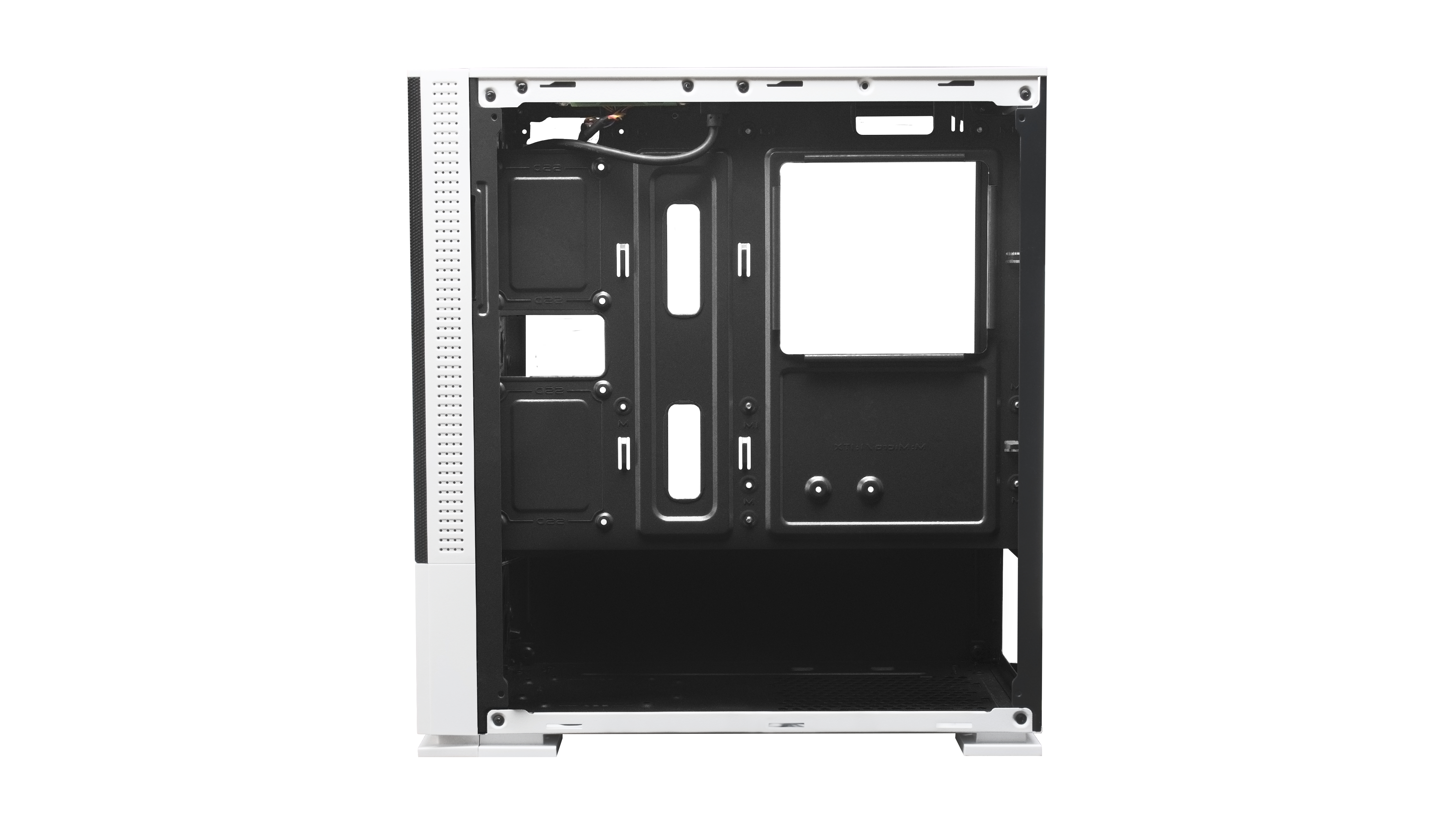 Vista interna di un case per computer bianco, che mostra la struttura interna e i punti di montaggio.