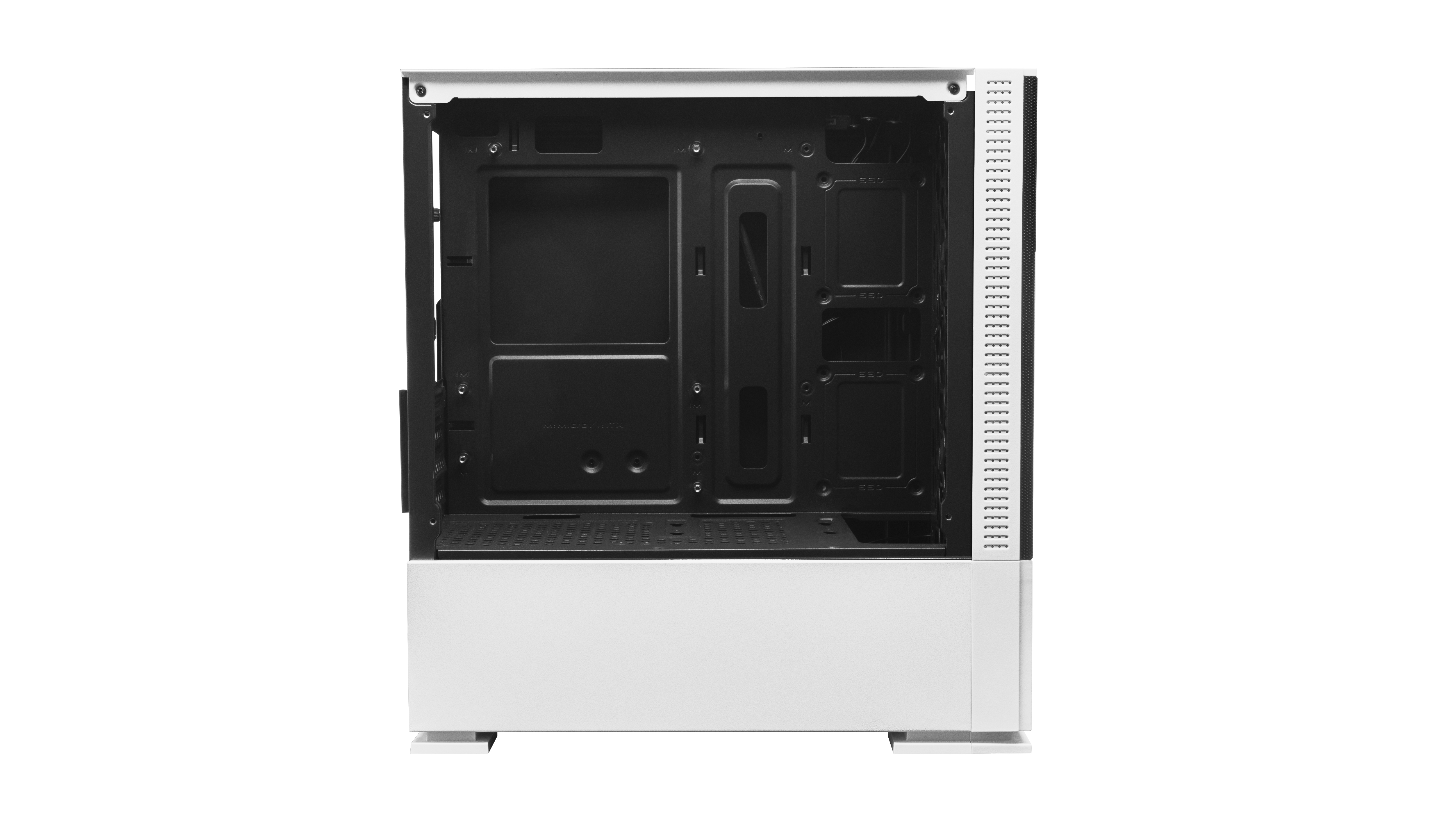 Interno di un case per computer bianco, che mostra l'area di montaggio della scheda madre e varie aperture. Il case è vuoto.