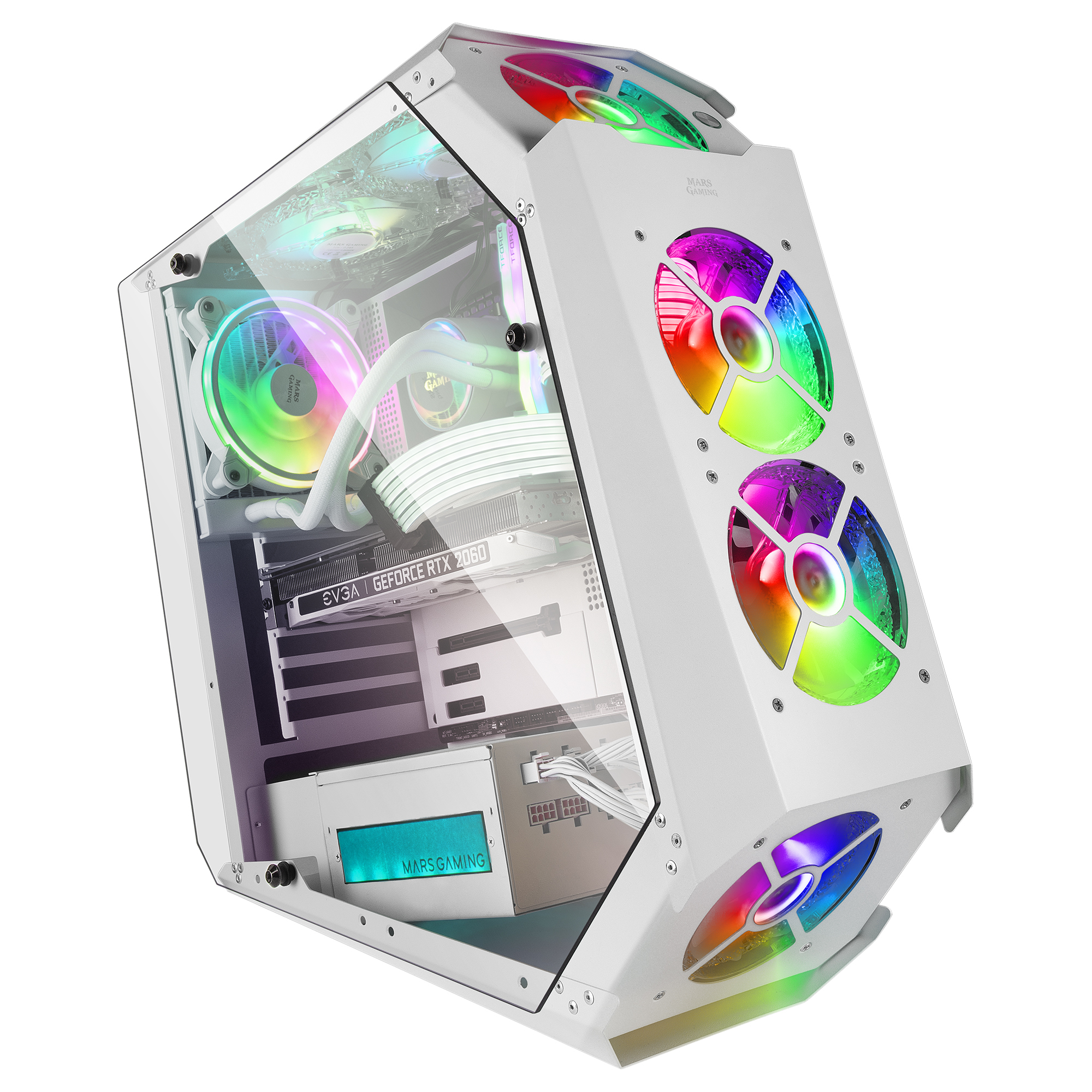Case per computer bianco con pannelli in vetro e ventole RGB, che mostra i componenti interni.