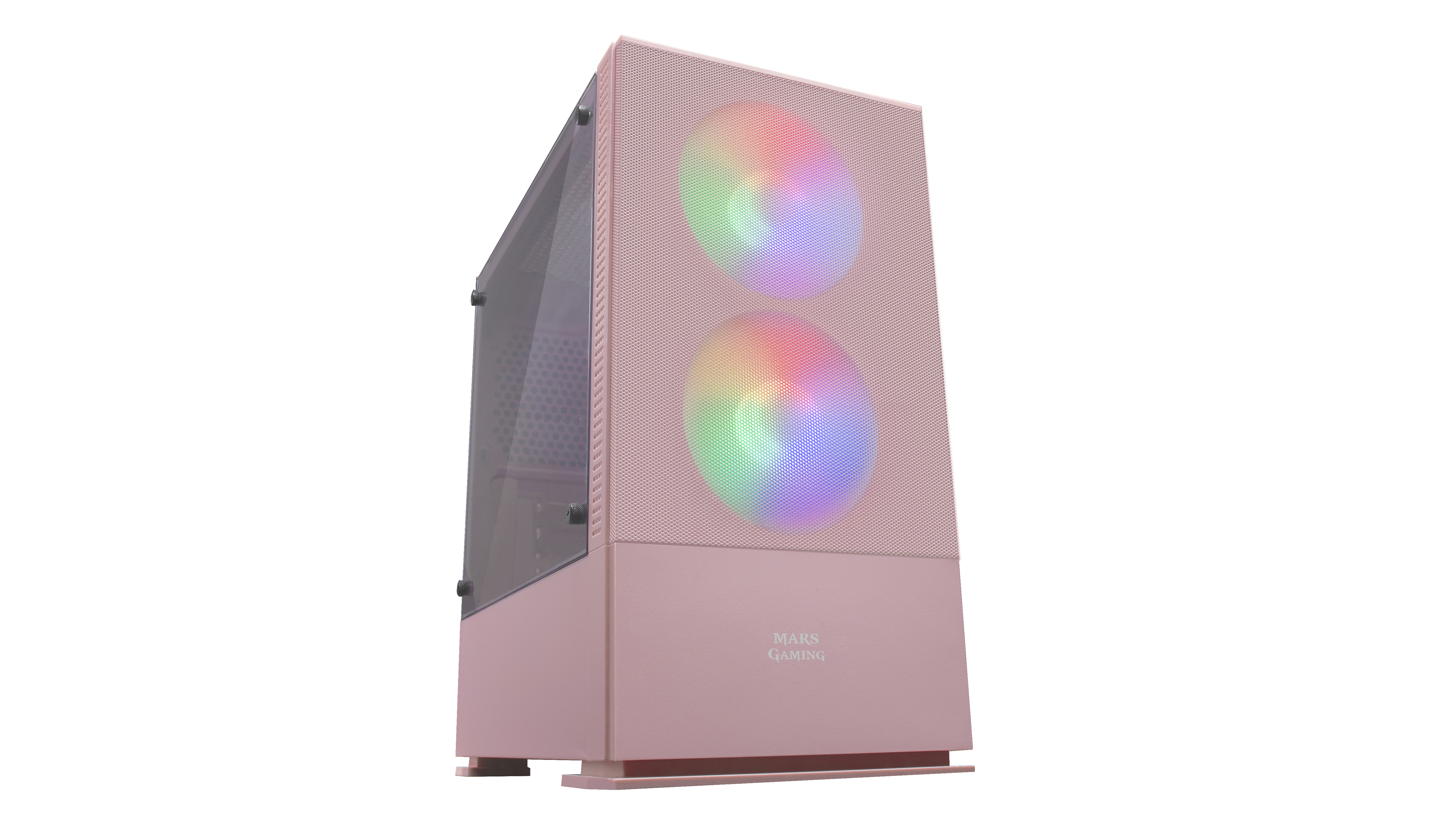 Case per computer rosa con pannello laterale in vetro e ventole RGB. Logo MARS GAMING sul fronte.