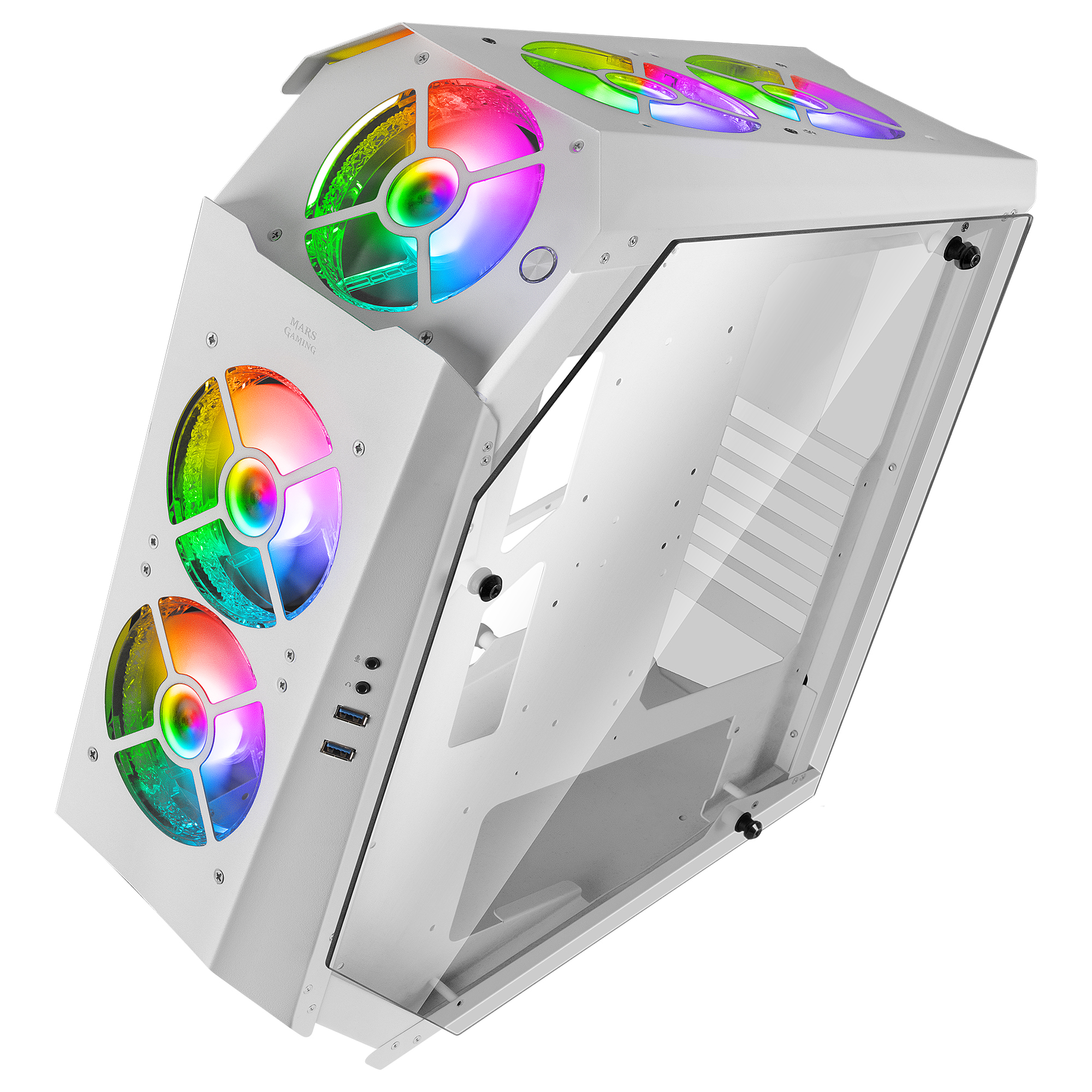 Case PC bianco con ventole LED multicolore, pannello laterale in vetro e design unico.