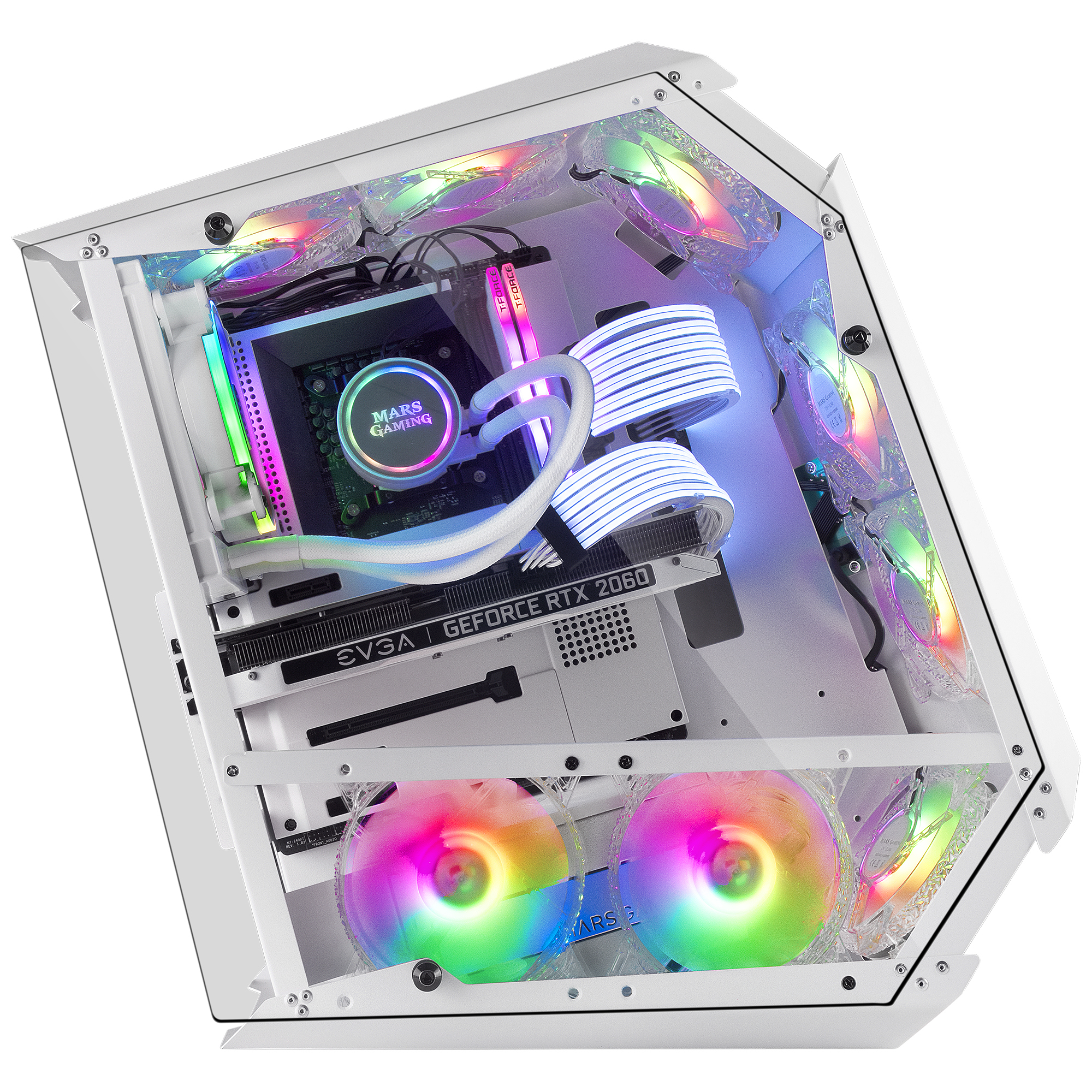 Case del computer con componenti: ventole RGB, raffreddamento a liquido e scheda grafica.