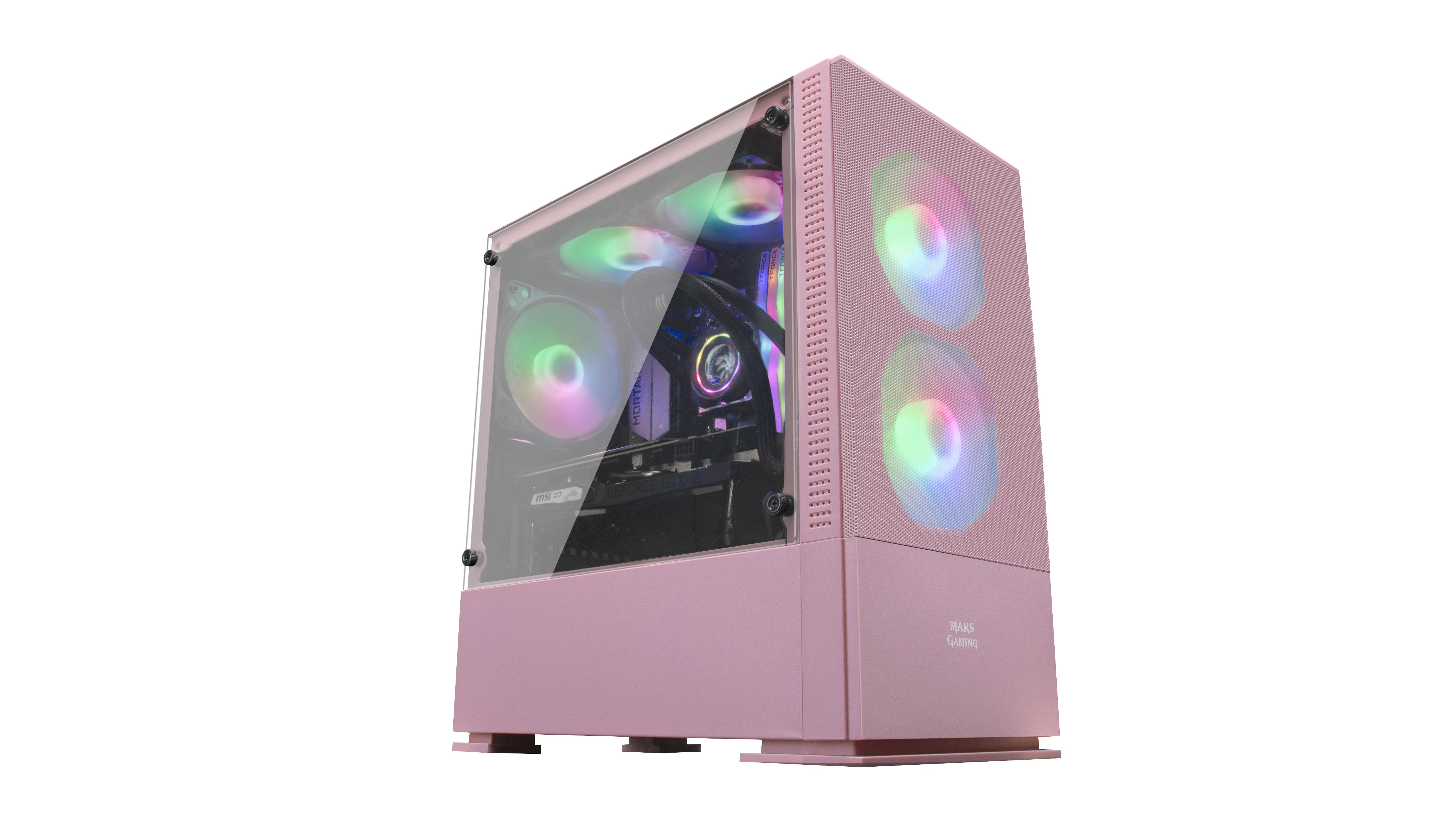 Case per computer rosa con pannello laterale in vetro, che mostra i componenti interni, vista angolata.