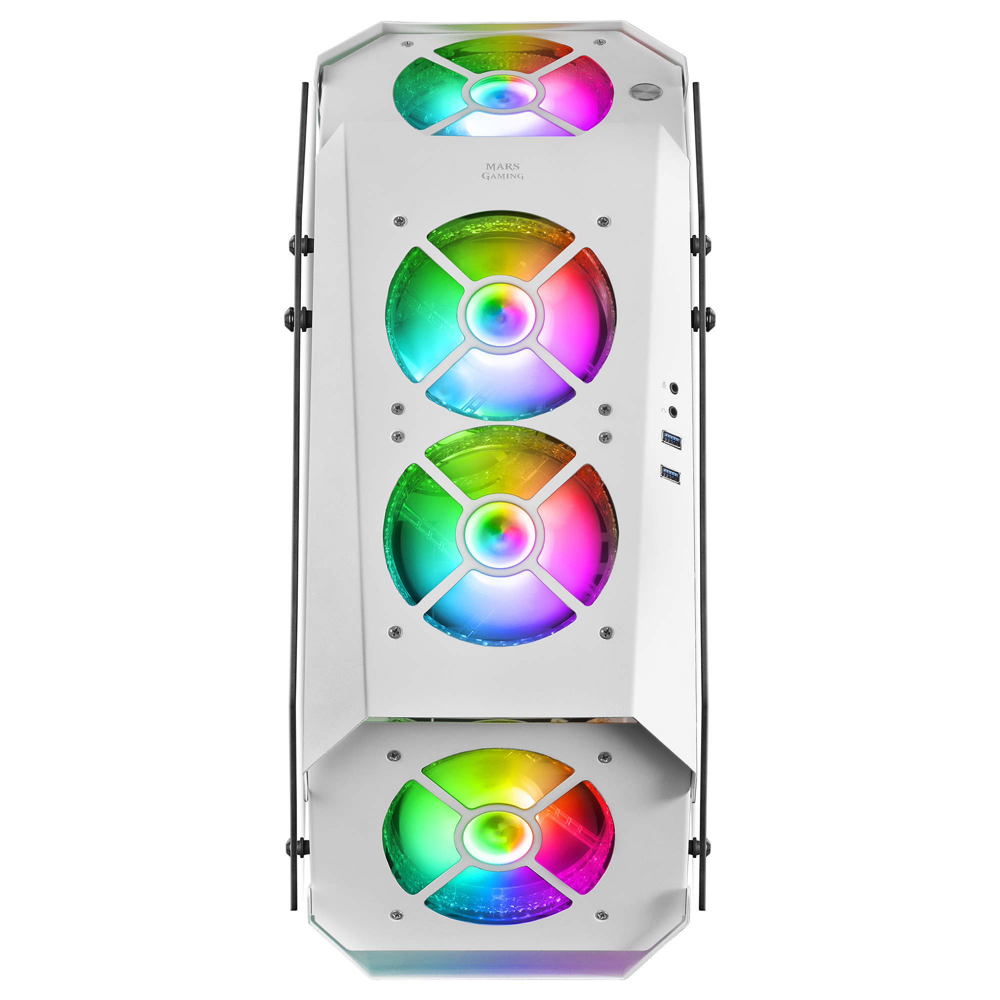 Case per computer bianco con ventole colorate.