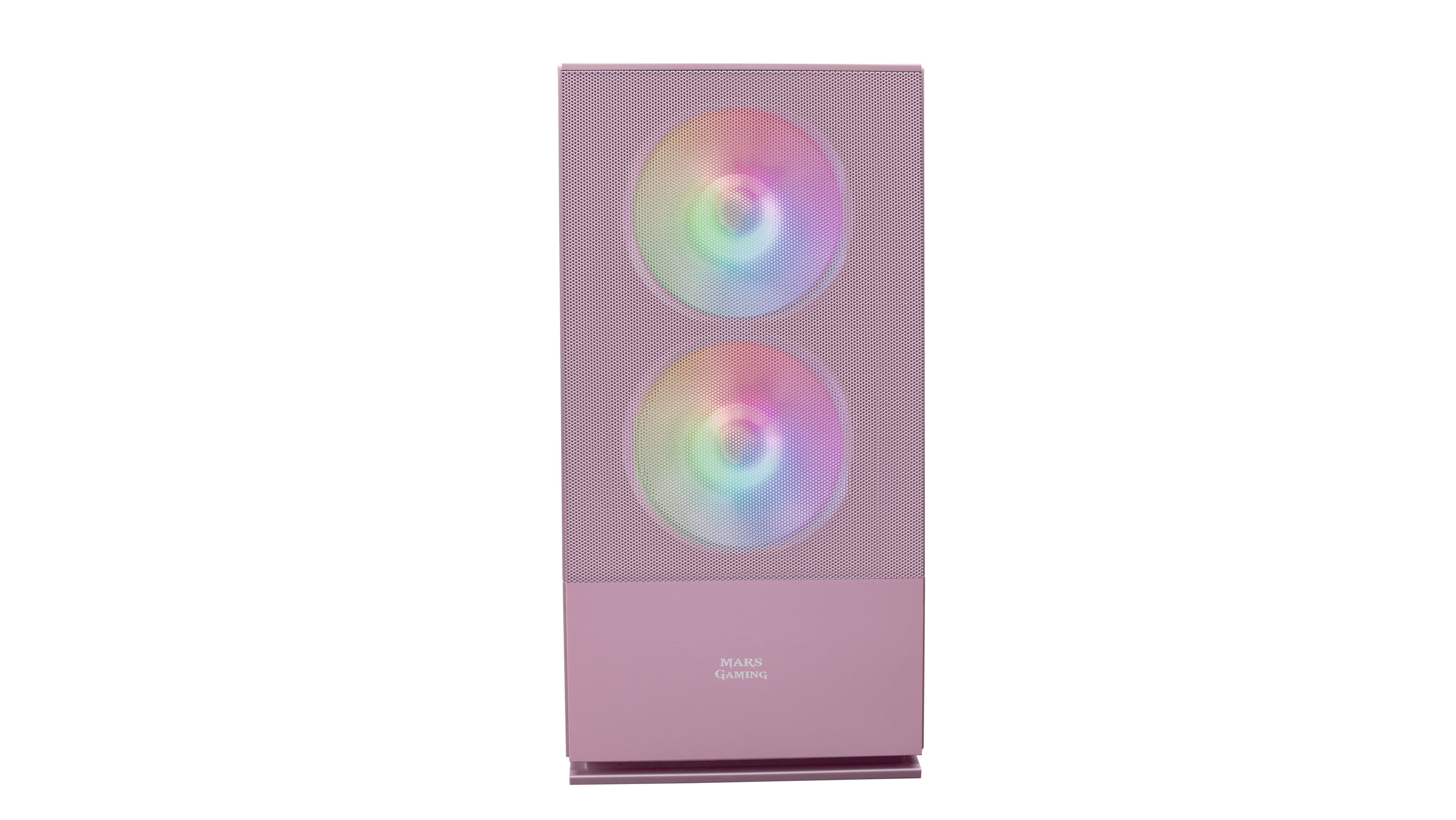 Vista frontale di un case per computer rosa con due ventole RGB e il logo Mars Gaming.
