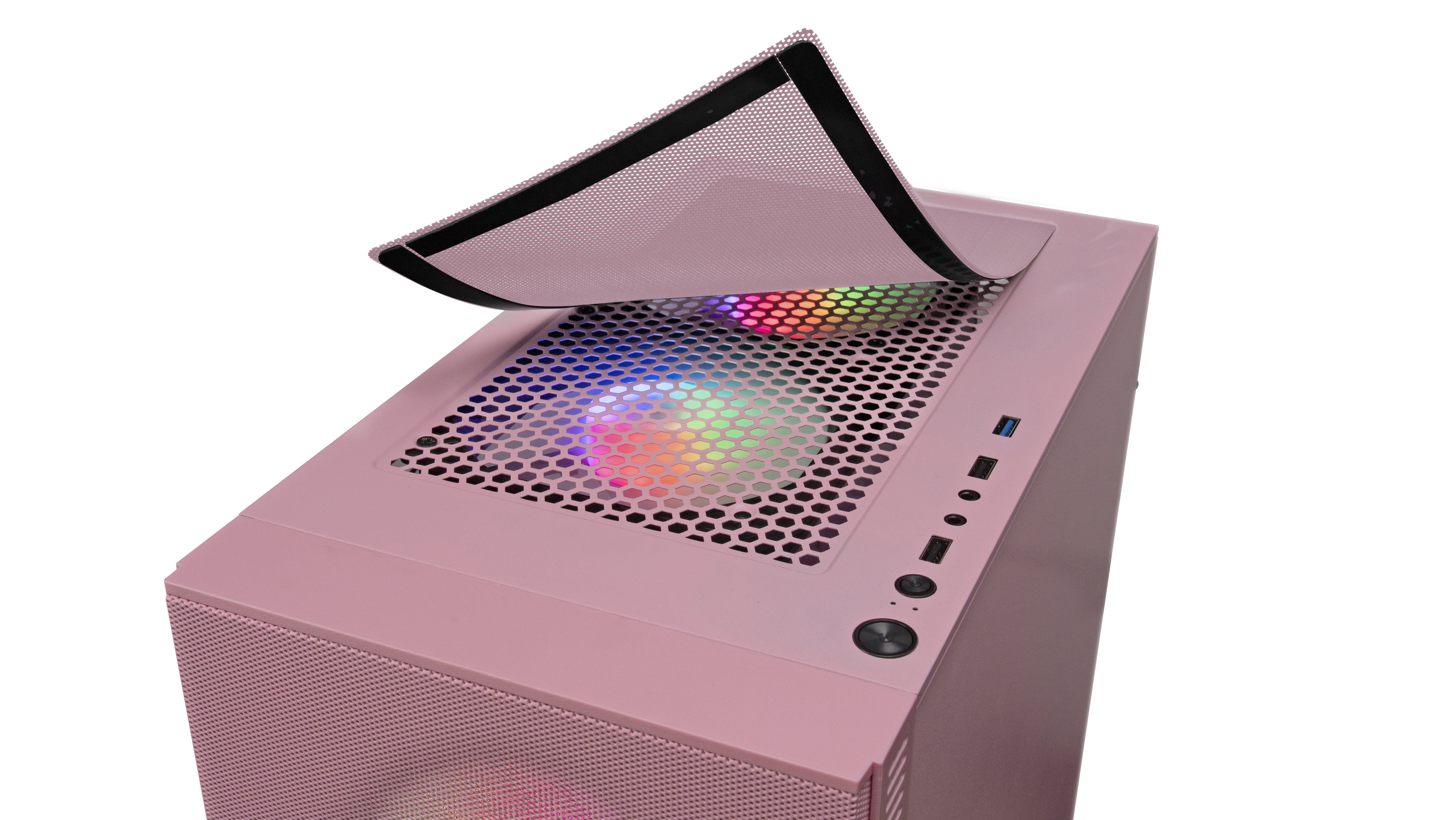 Parte superiore del case del computer rosa con una copertura a rete, che mostra le ventole RGB sottostanti.