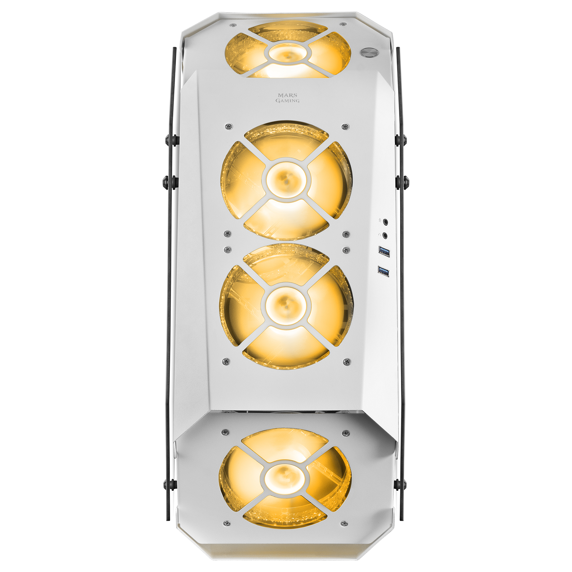 Vista dall'alto di un case PC bianco con ventole e illuminazione a LED arancione. Logo MARS GAMING. Vista dall'alto.