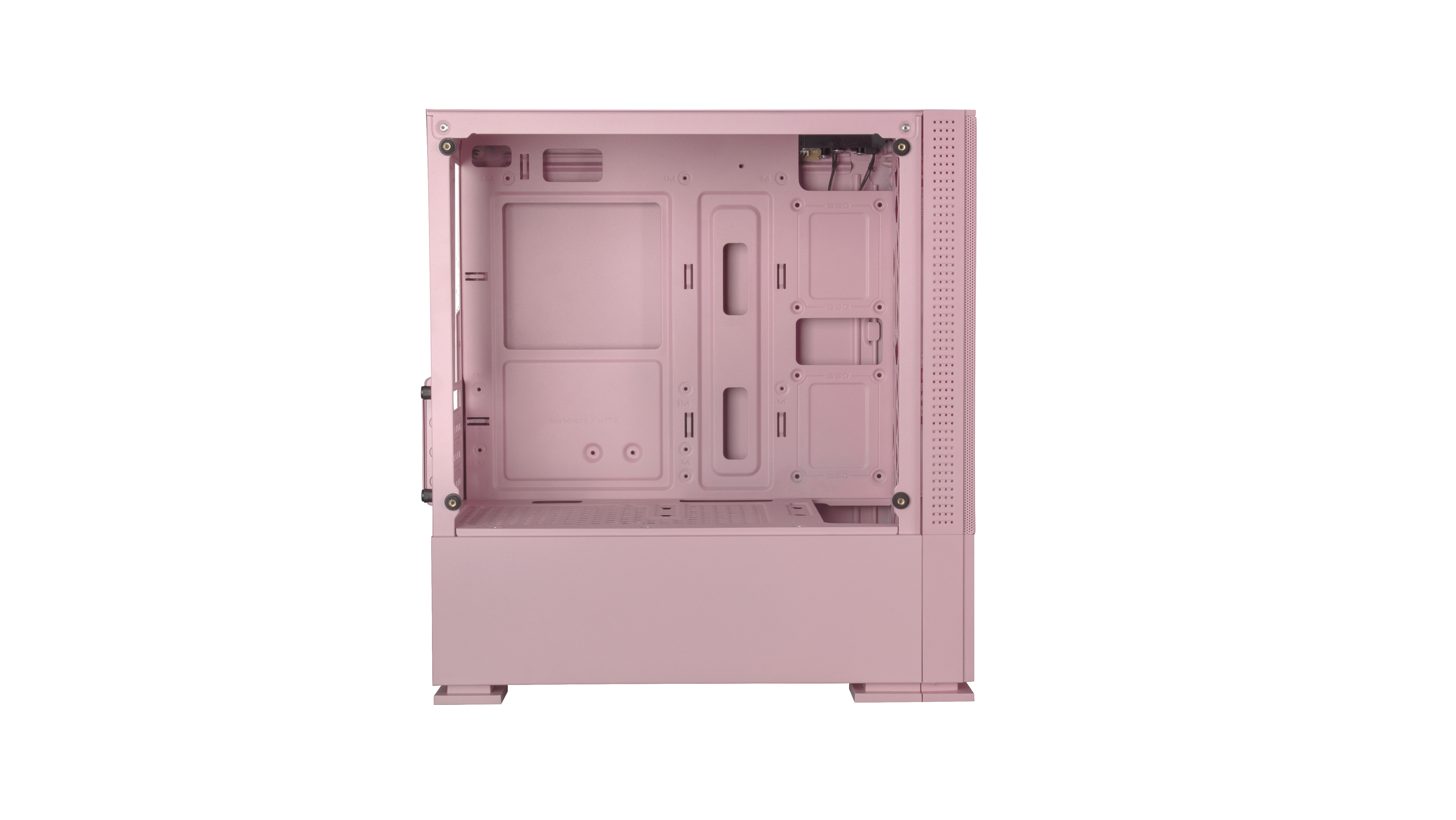 Interno di un case per computer rosa, con spazio aperto e punti di montaggio.