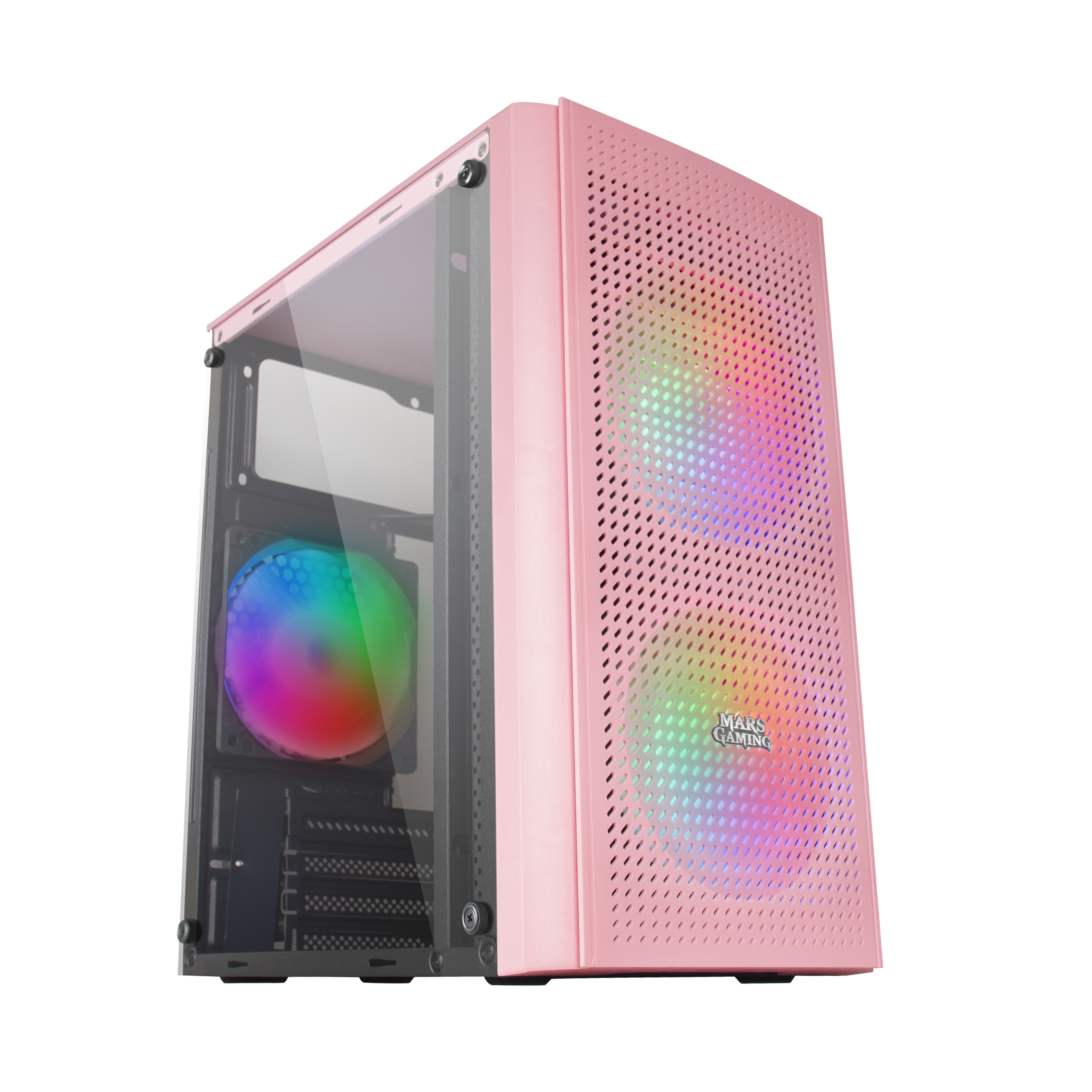 Case per computer rosa con pannello laterale in vetro, ventole RGB interne e logo Mars Gaming.