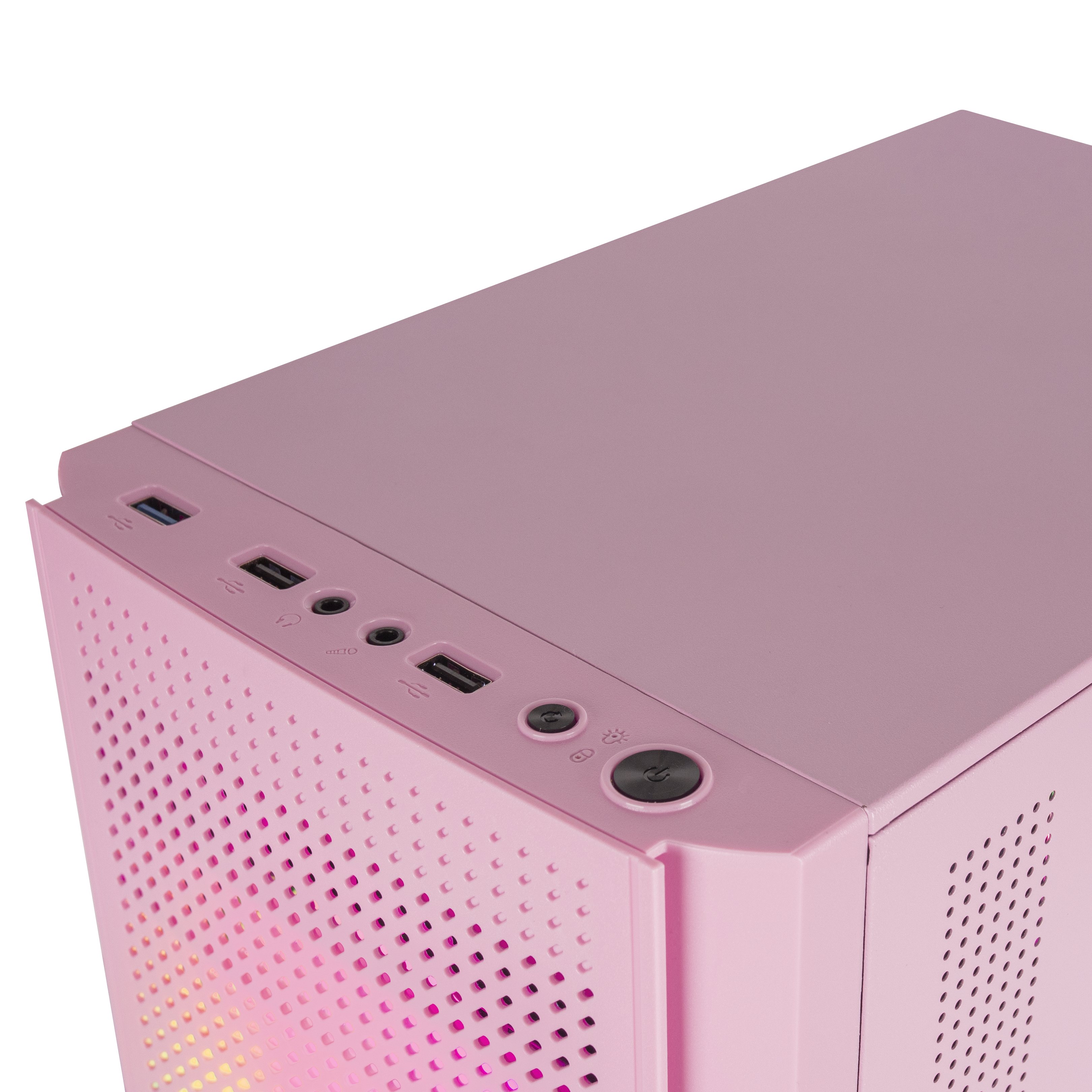 Parte superiore del case PC rosa con porte, pulsanti e pannello frontale perforato con luci LED.