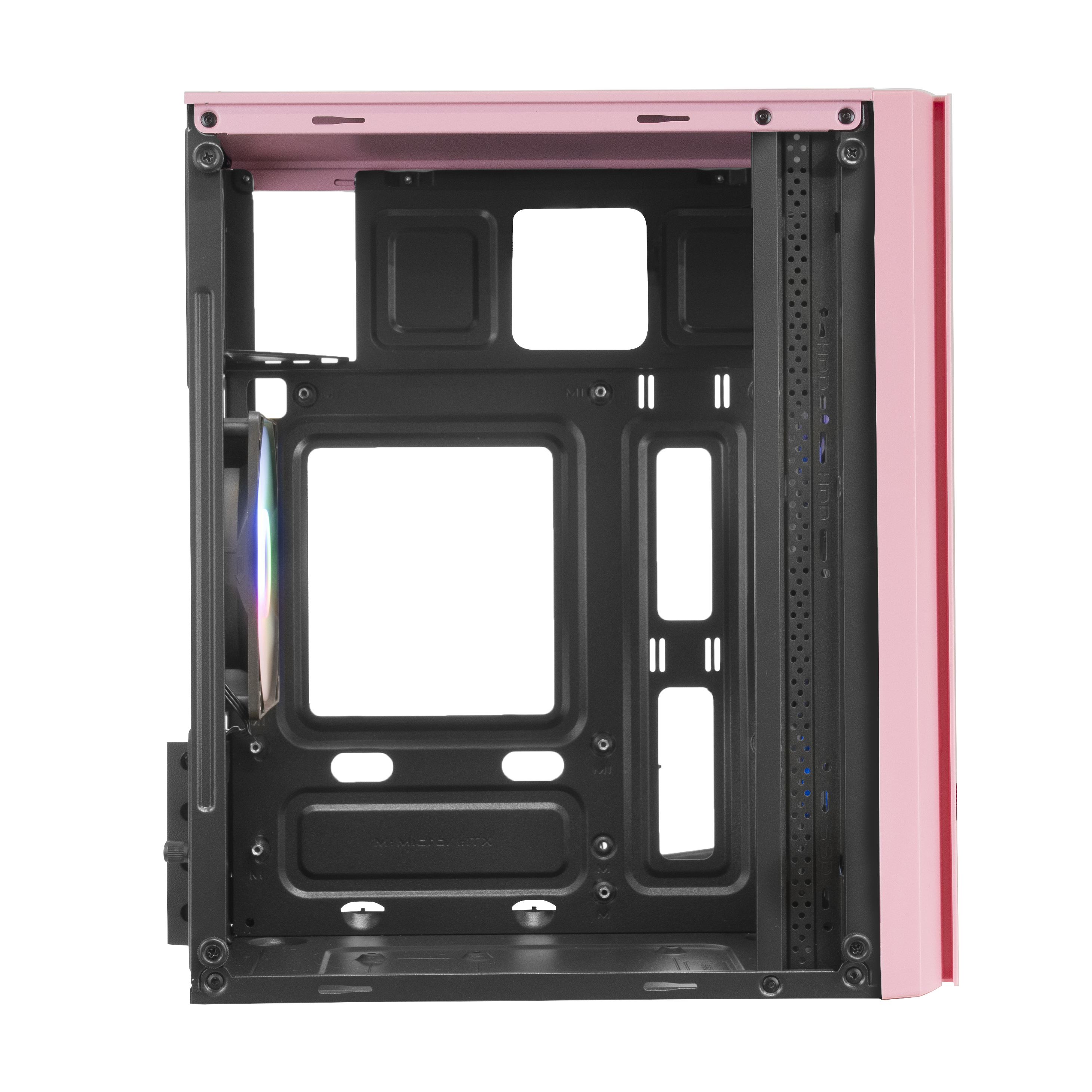 Interno di un case per computer rosa. Sono visibili aree di montaggio e struttura.