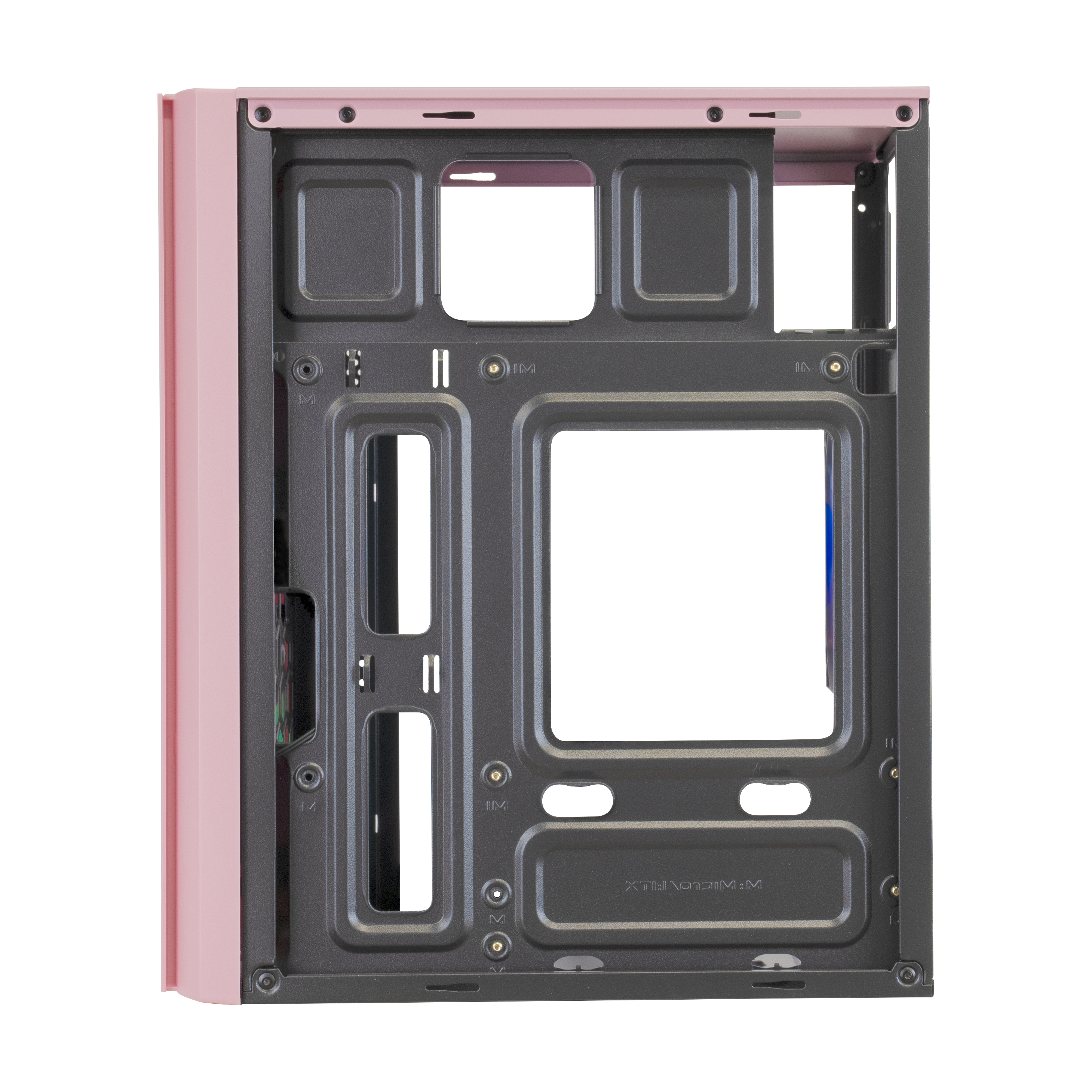 Interno di un case per computer rosa con layout aperto.