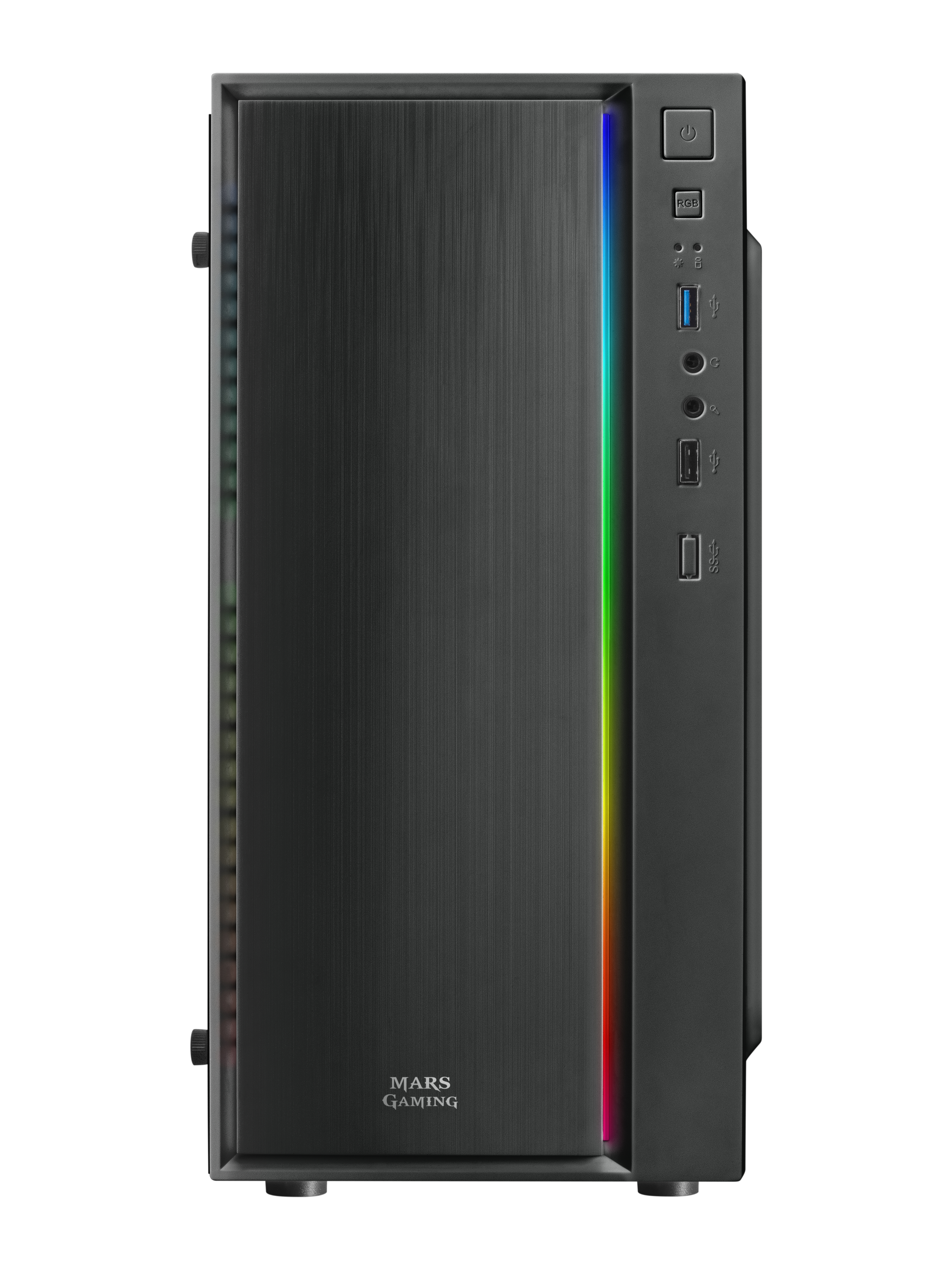 Parte frontale nera del case del computer con striscia luminosa RGB verticale e logo Mars Gaming.
