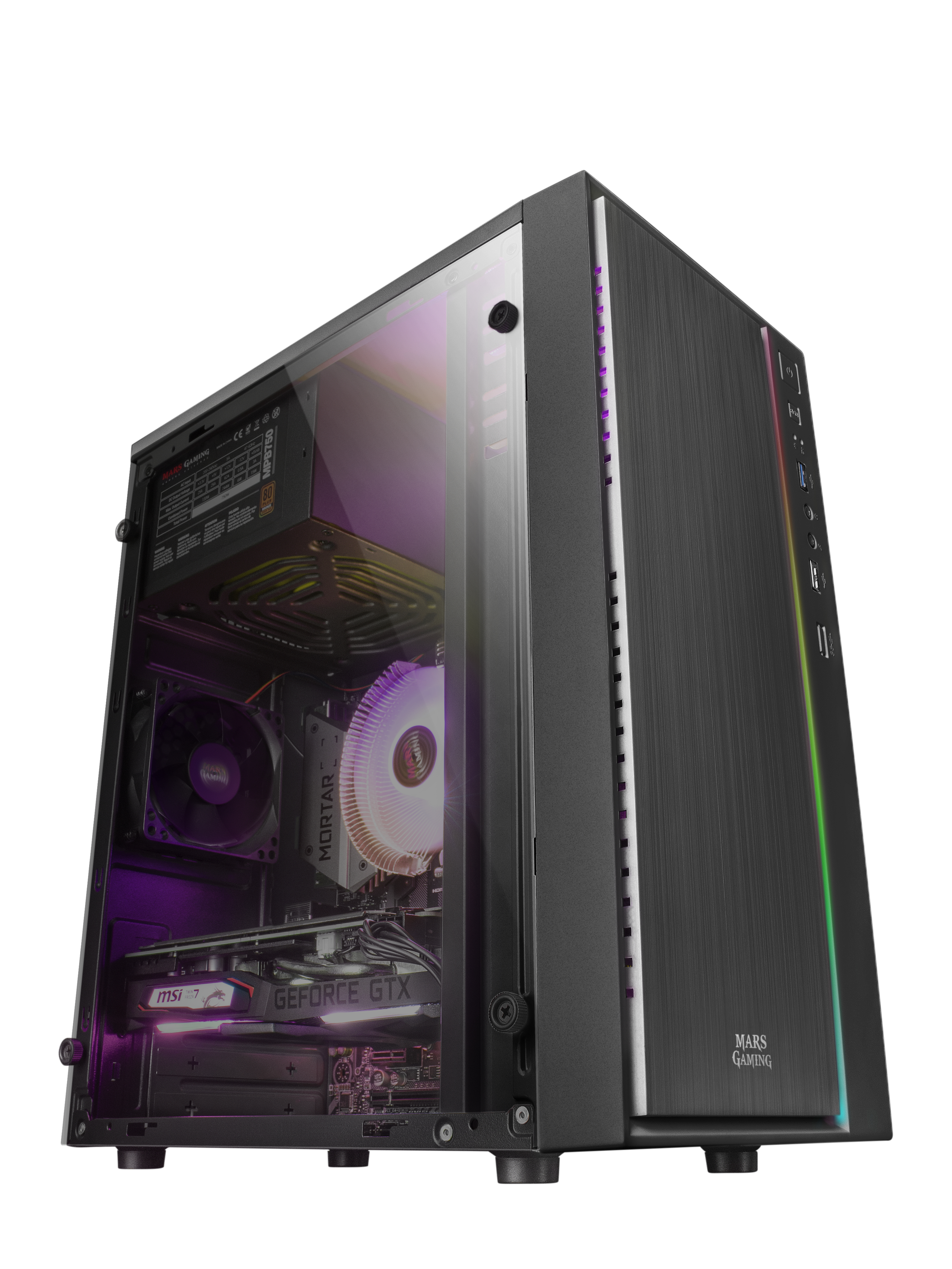 Case per computer con componenti interni visibili attraverso un pannello di vetro. Illuminazione RGB e logo Mars Gaming.