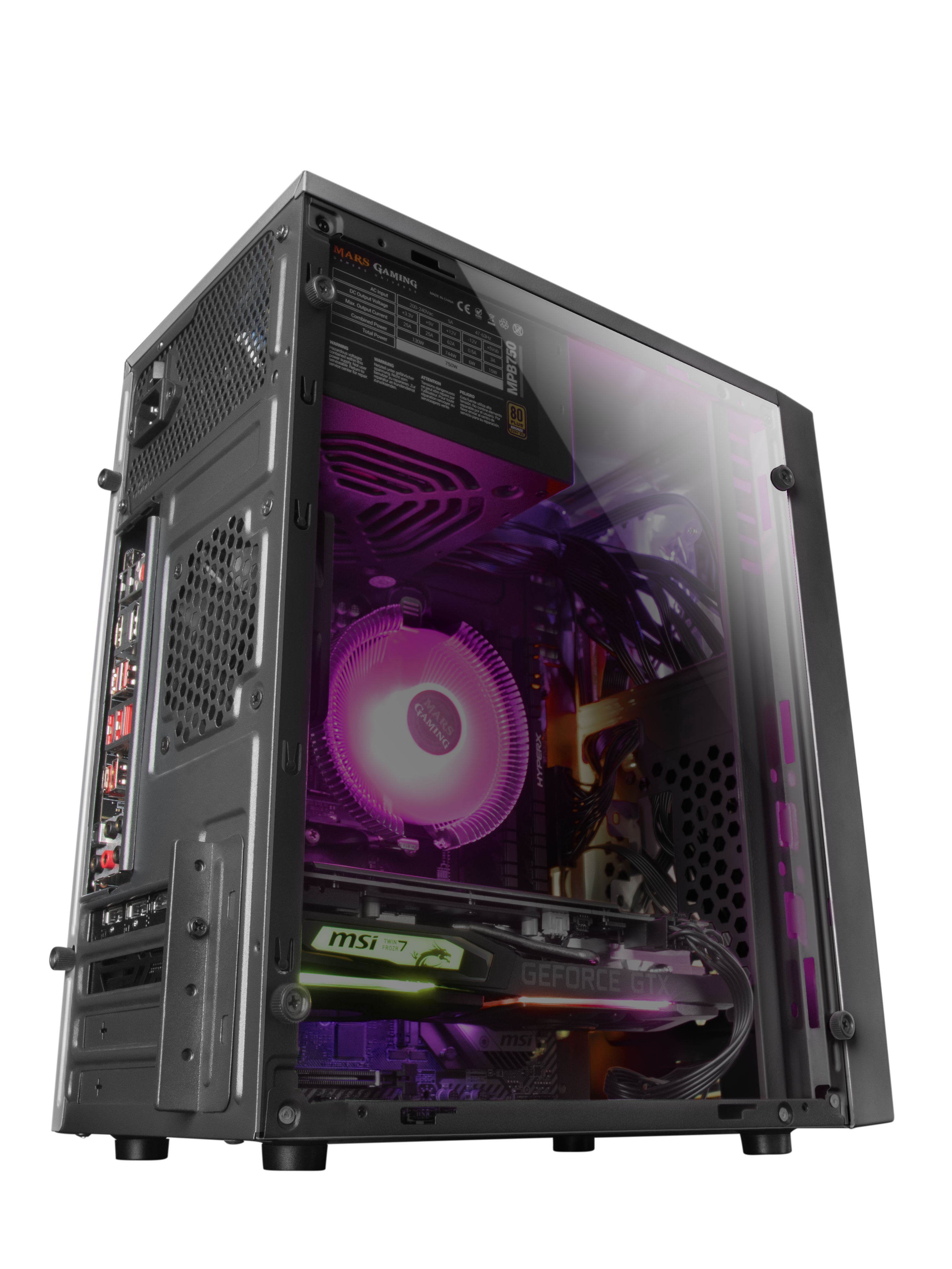Case per computer nero con pannello in vetro. All'interno, una scheda grafica e un dissipatore CPU sono visibili.