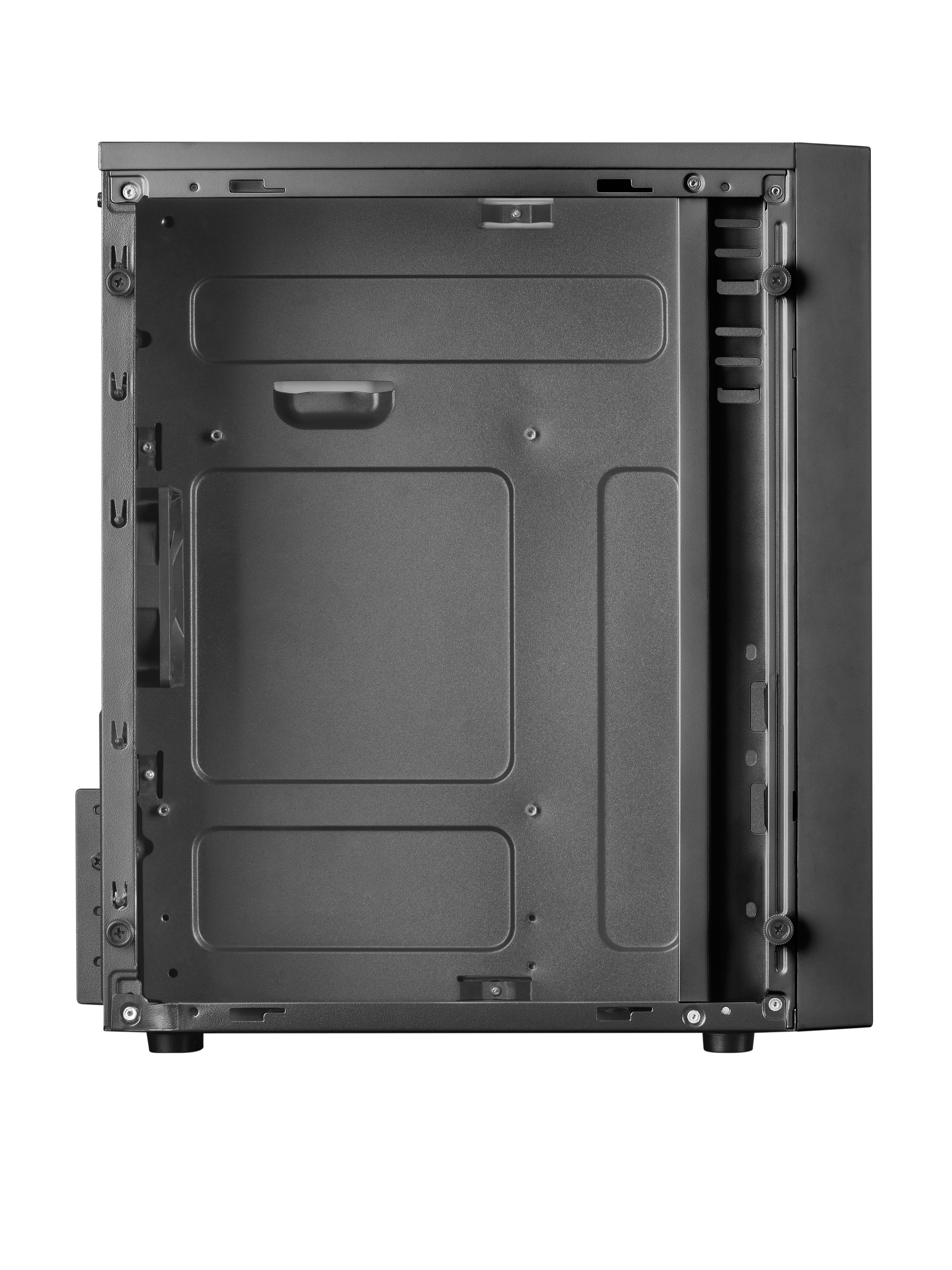 Interno di un case per computer nero, con spazio vuoto e punti di montaggio.