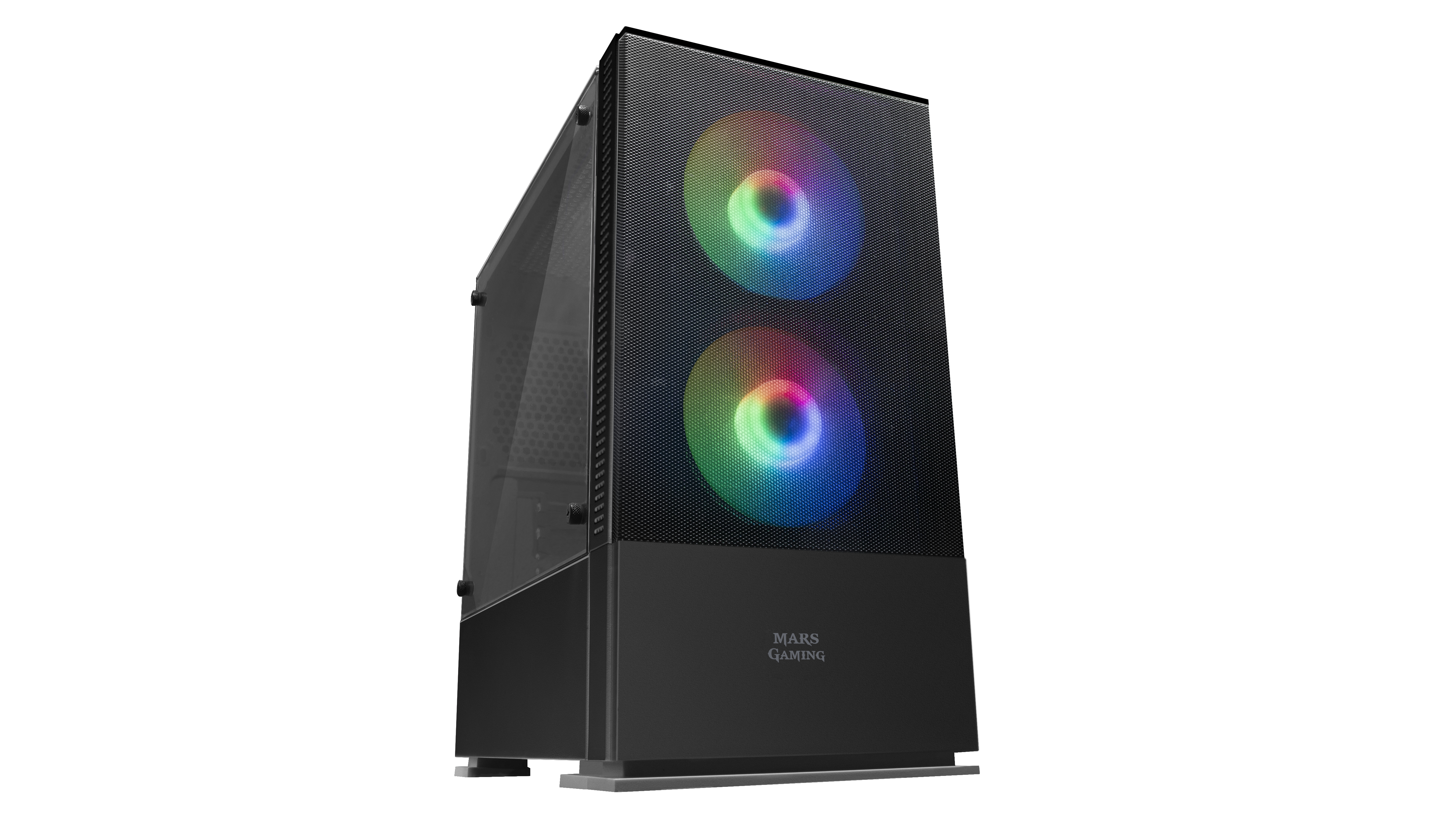 Case PC nero con ventole RGB sul frontale. Pannello laterale in vetro.