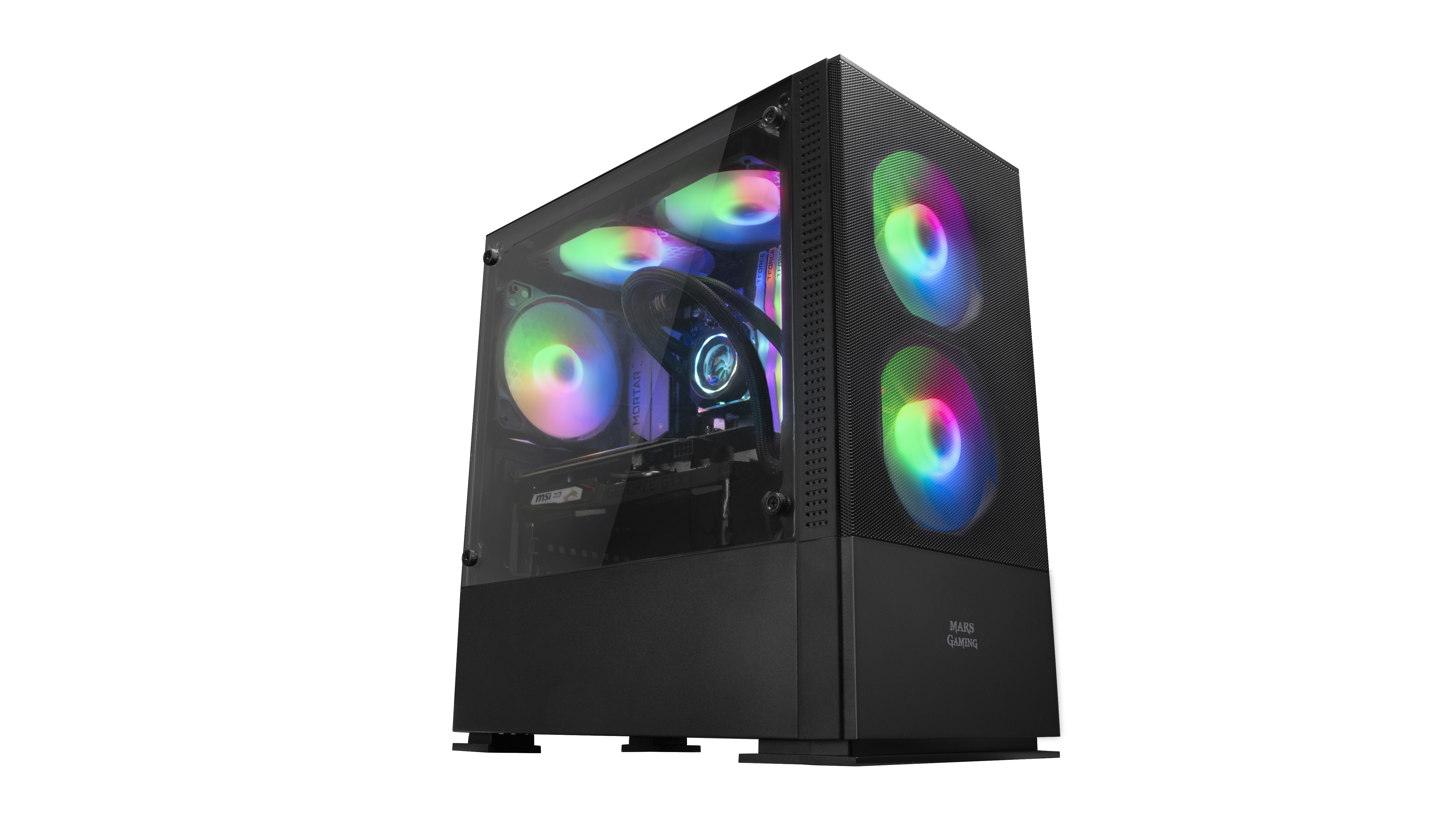 Case del computer nero con ventole che mostrano luci colorate, pannello laterale in vetro.