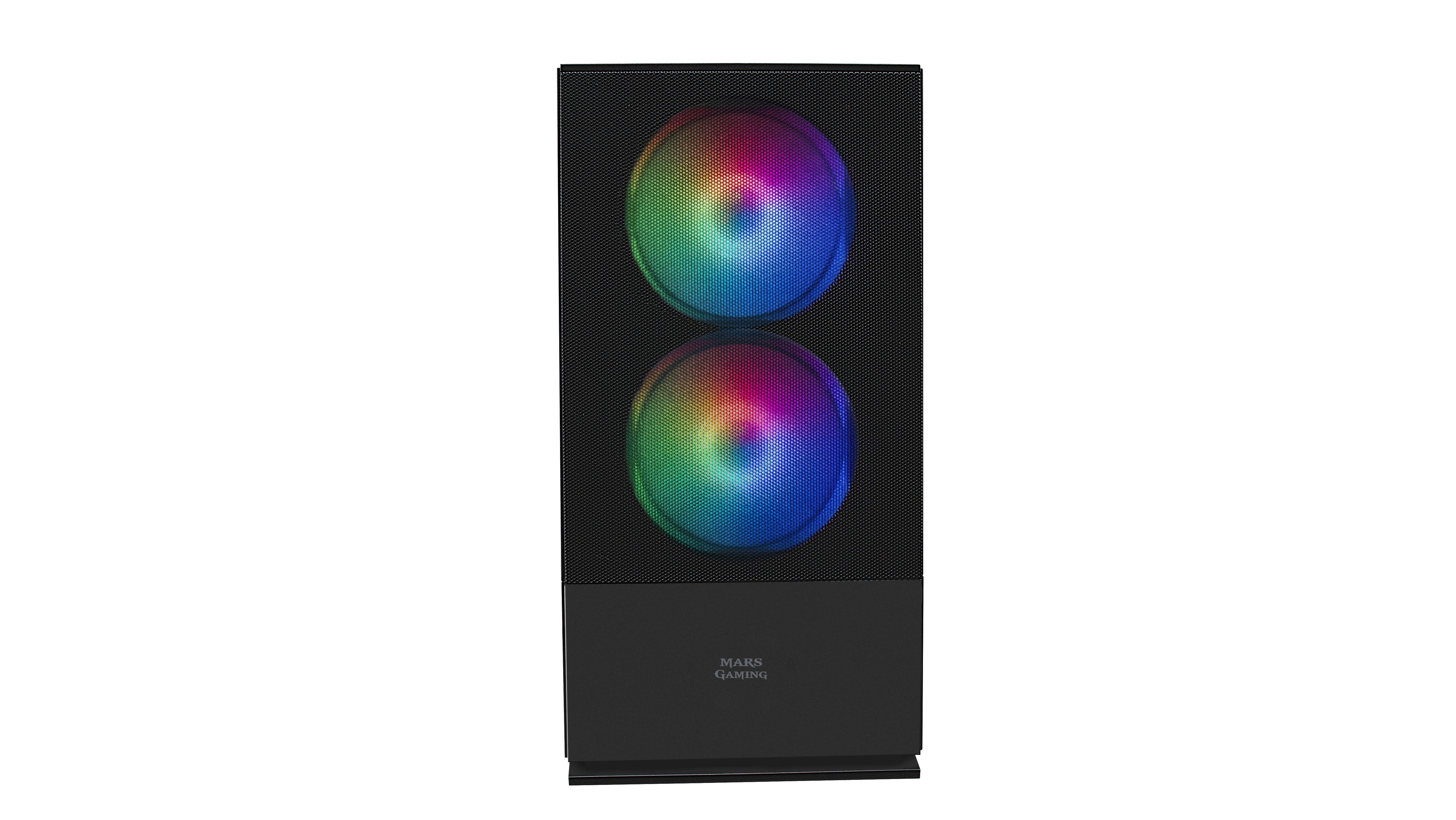 Parte anteriore del case del computer nero con due ventole RGB e logo Mars Gaming.
