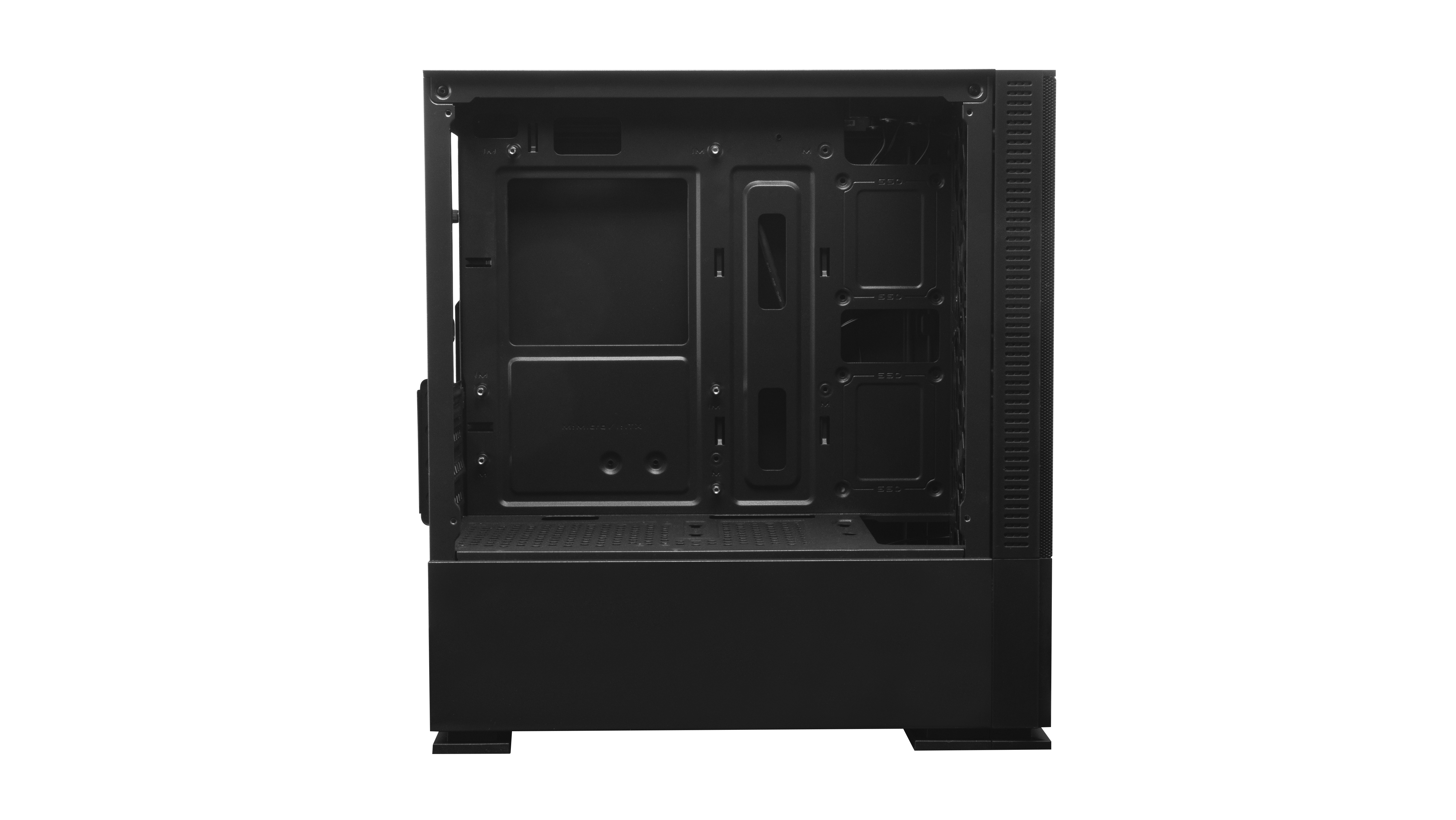 Un case per computer nero vuoto, visto dall'interno, senza componenti installati, su sfondo bianco.