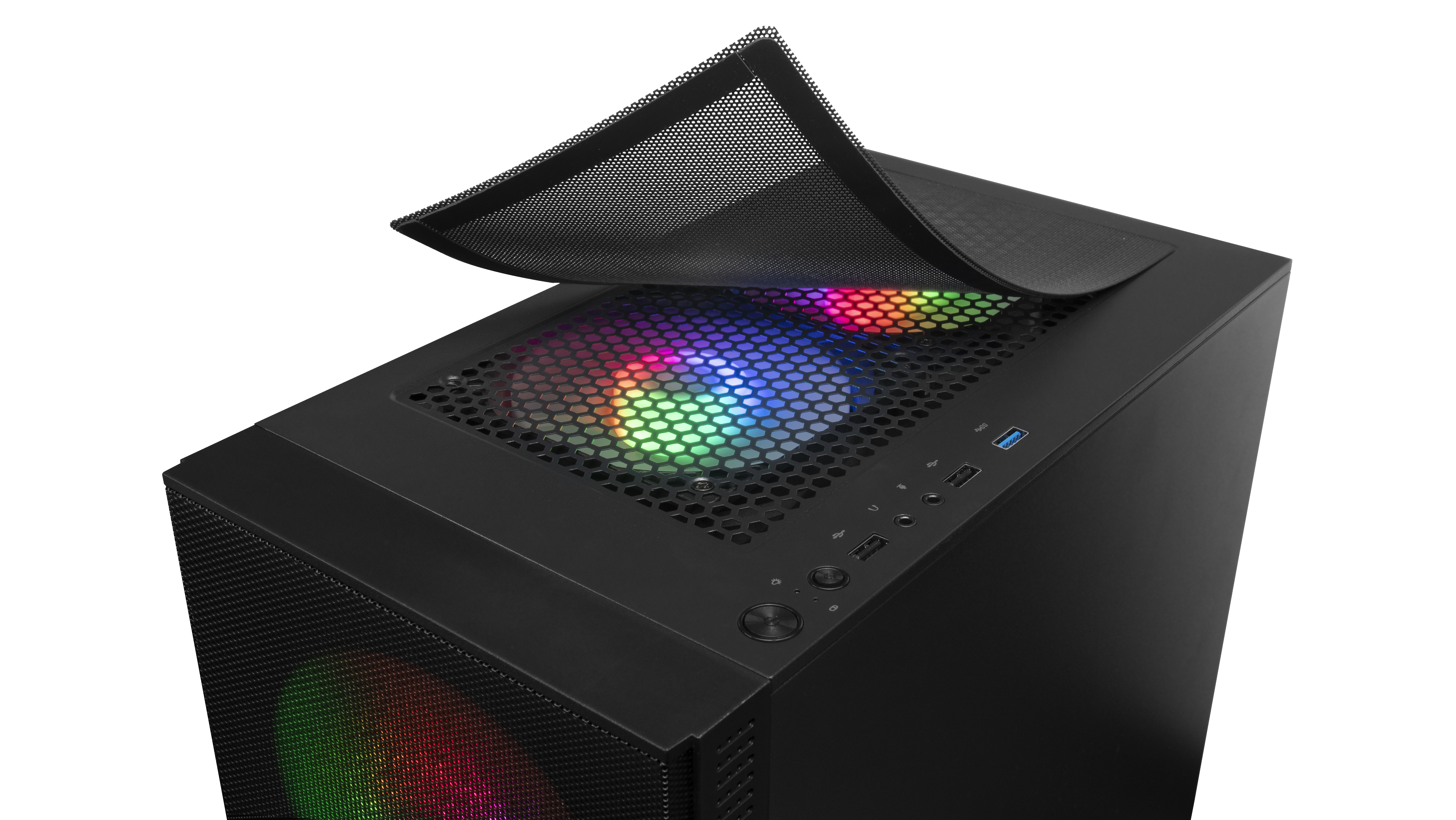 Case per computer nero con mesh. Mostra luci colorate all'interno.