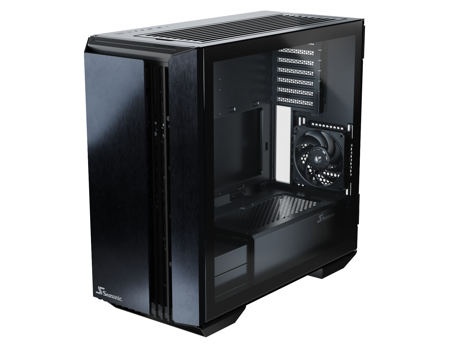 Schwarzes PC-Gehäuse mit transparentem Seitenteil, offen, zeigt interne Komponenten auf weißem Hintergrund.