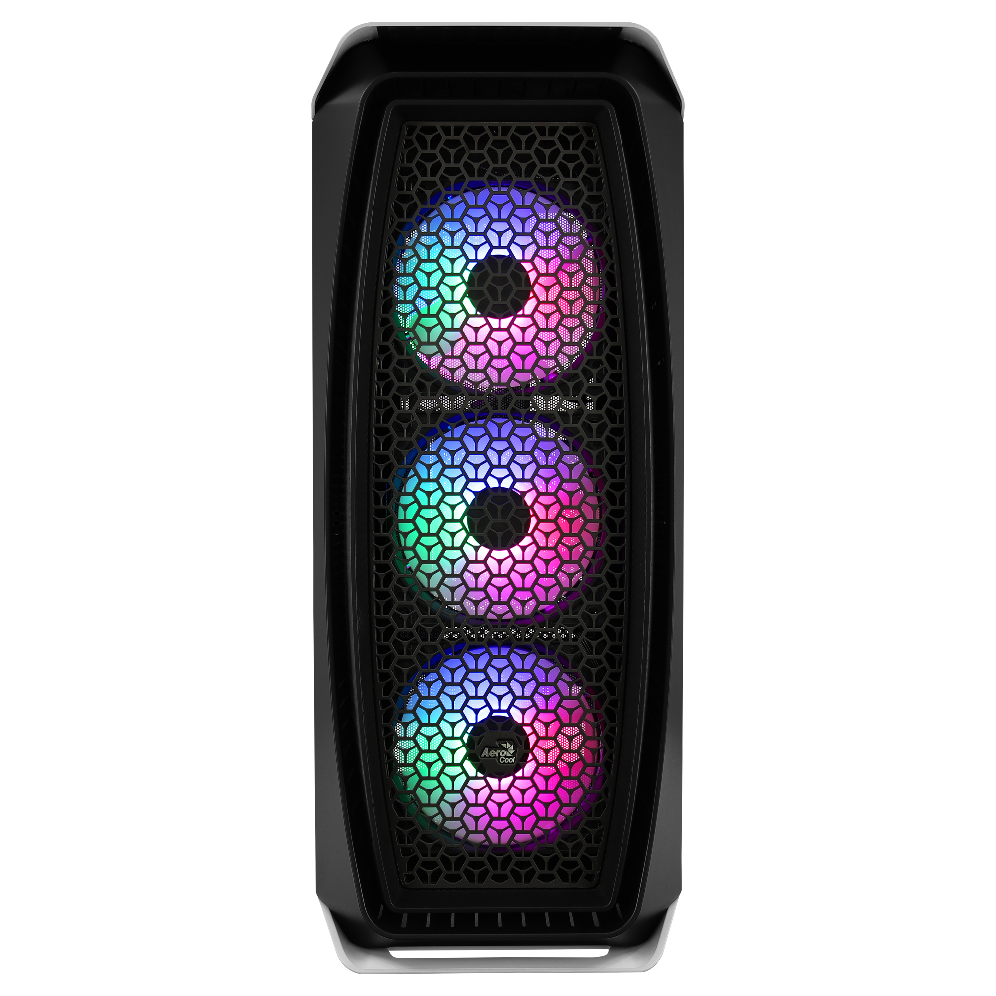 Case per computer nero con tre ventole RGB frontali. Motivo a nido d'ape sulle ventole.
