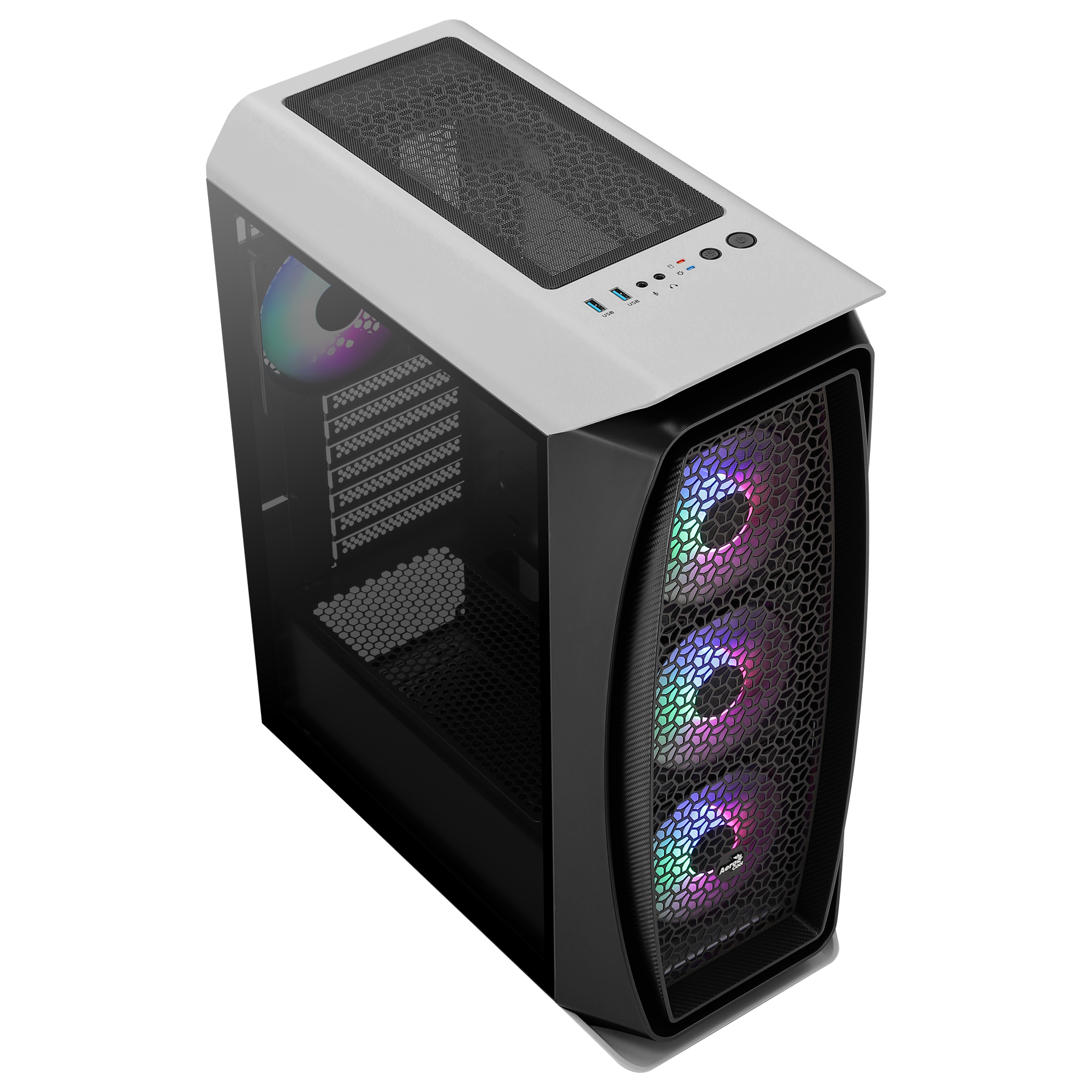 Case per computer bianco e nero con frontale a rete e ventole RGB.