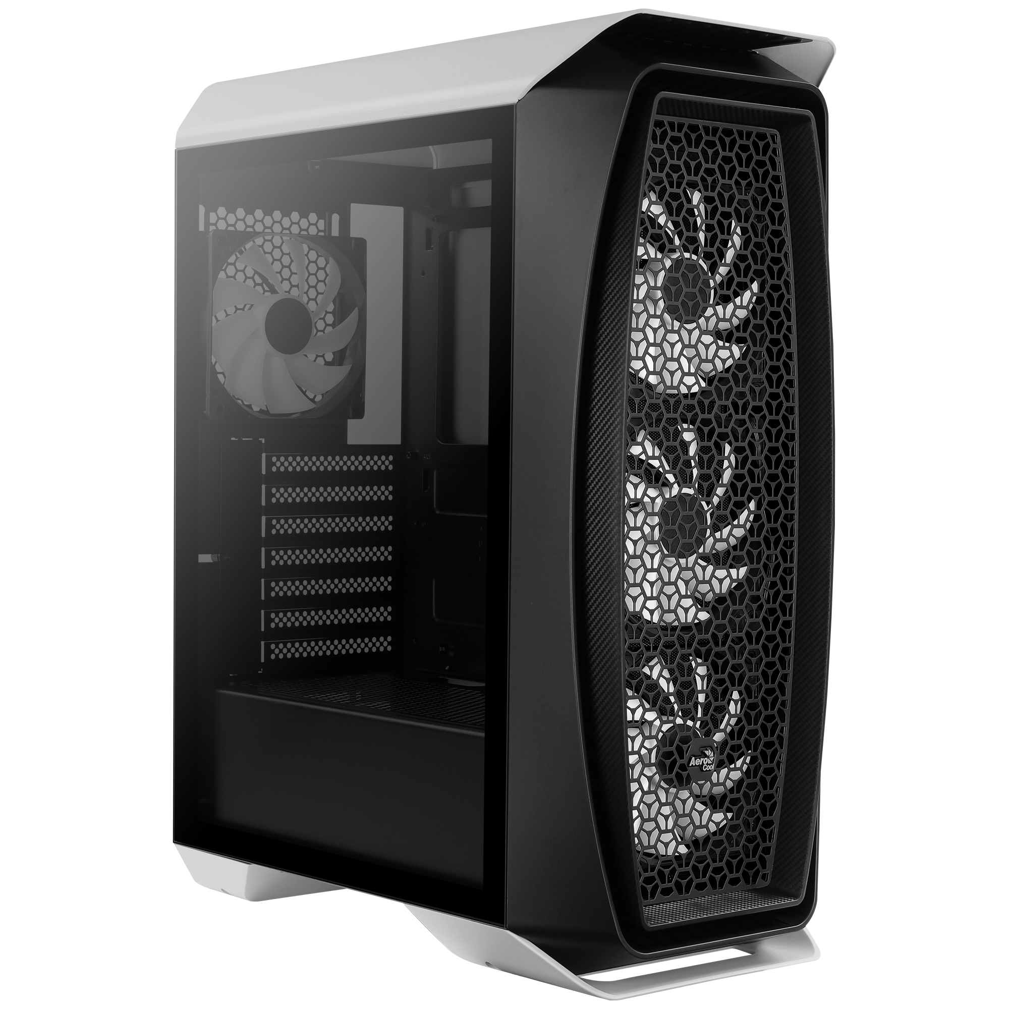 Case per PC bianco e nero. La parte anteriore ha tre ventole e un design a rete. Pannello laterale trasparente.