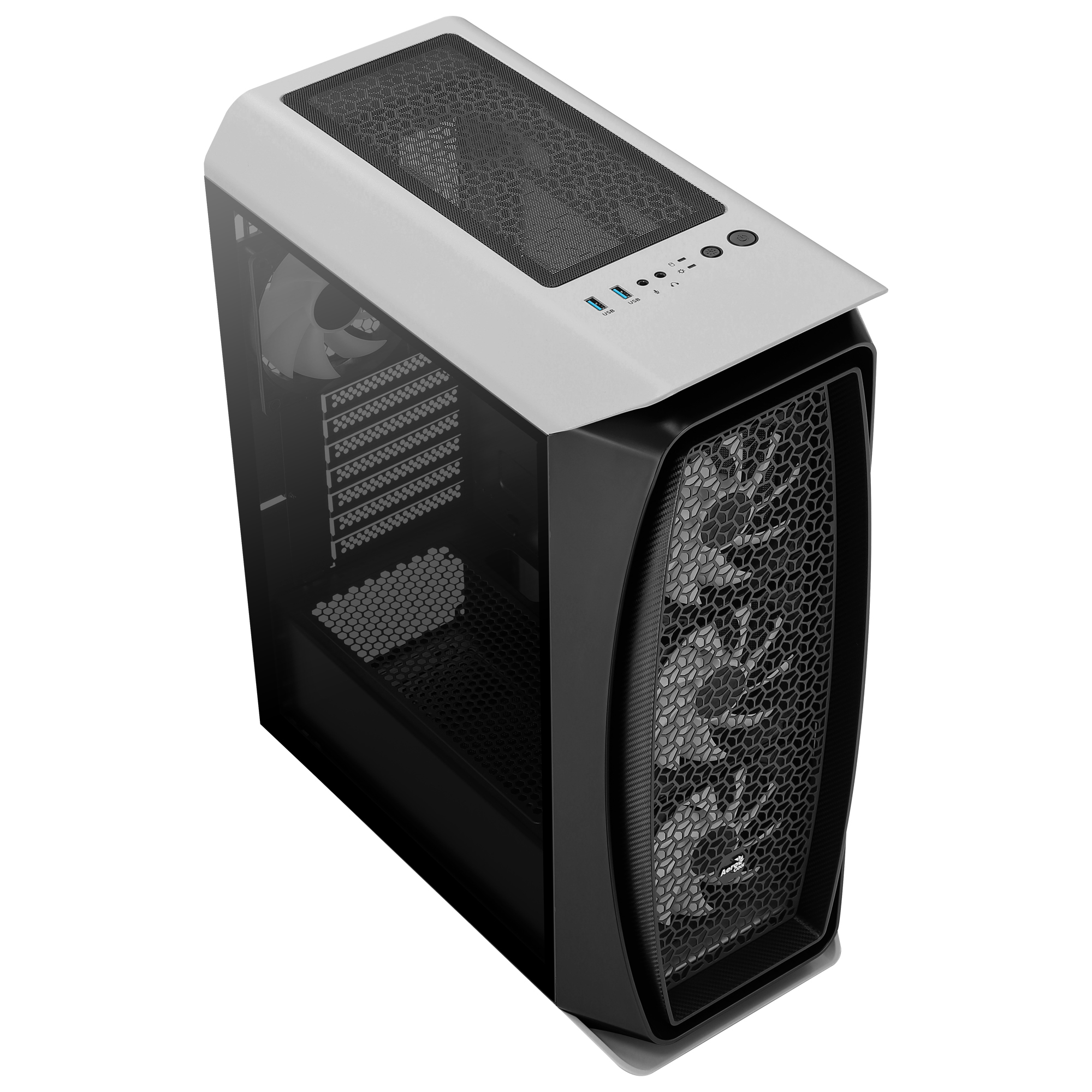 Un case per computer bianco e nero con parte anteriore e superiore a rete e un pannello laterale in vetro.