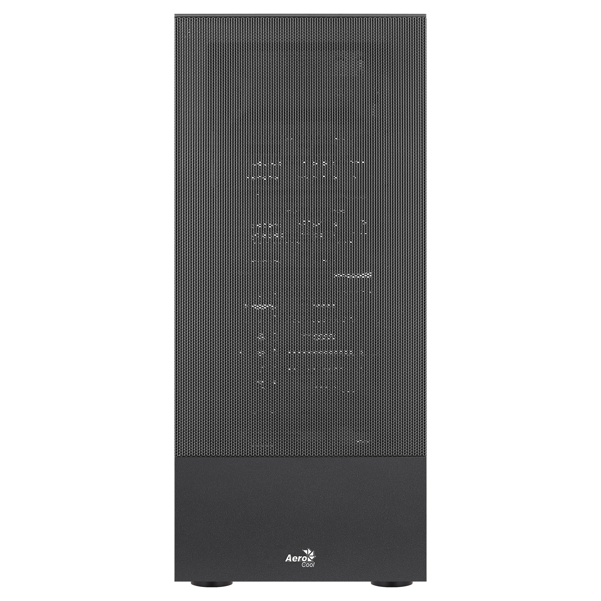 Parte anteriore del case del computer. Nera e con design a rete. Sfondo bianco.