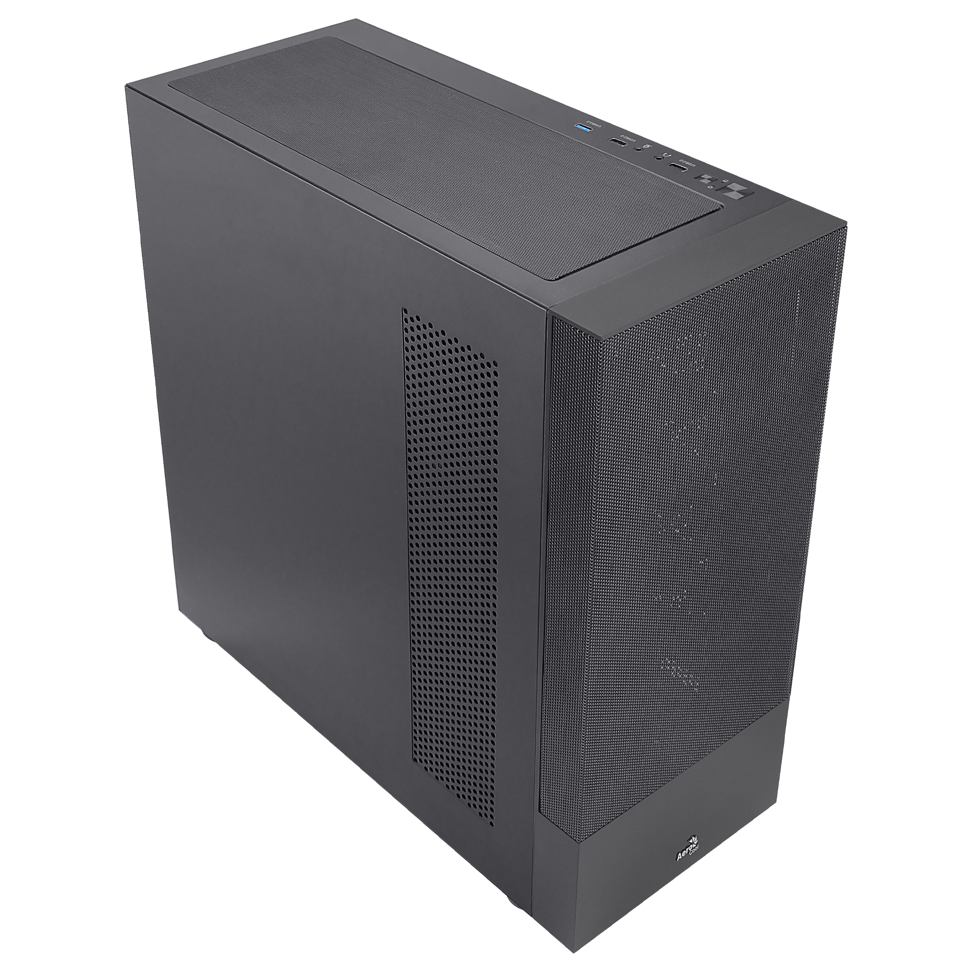Case per computer nero con pannello frontale a rete. Parte superiore con porte.