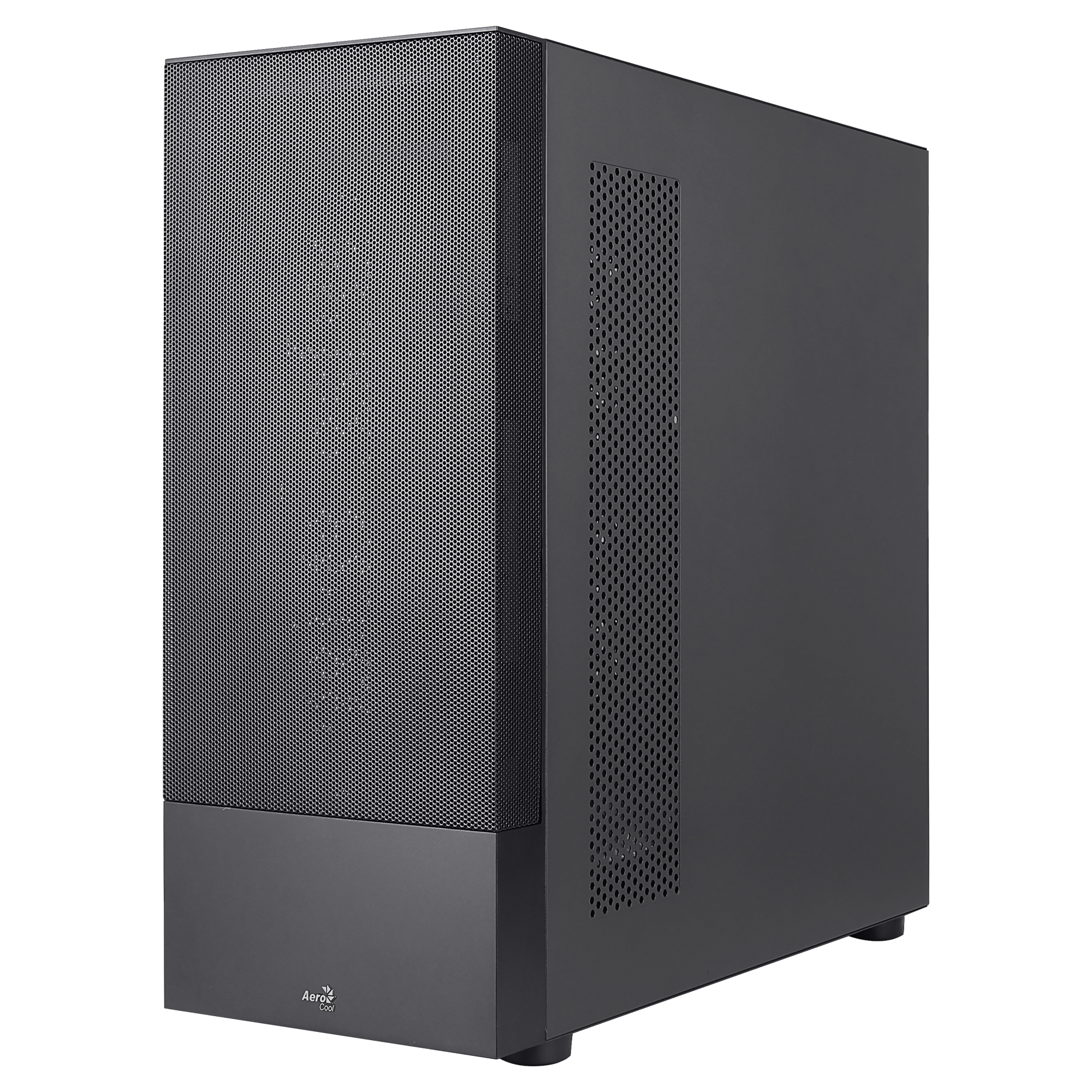 Case PC nero con frontale a rete. Design semplice. Logo Aerocool in basso.